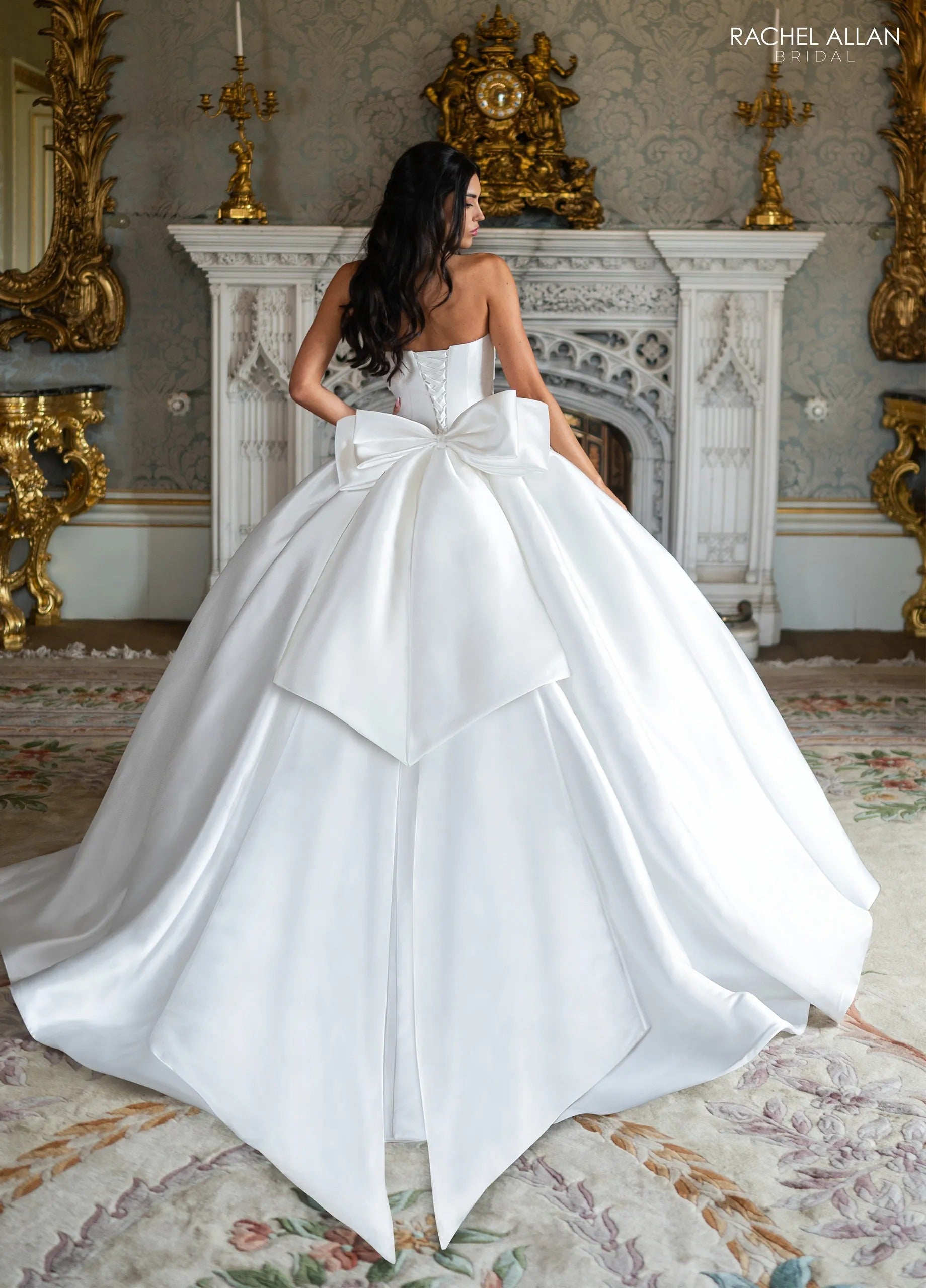 Ivory Sweetheart Floor-Length Satin Wedding Dress Ball Gown with Bow Rachel Allan RB6190