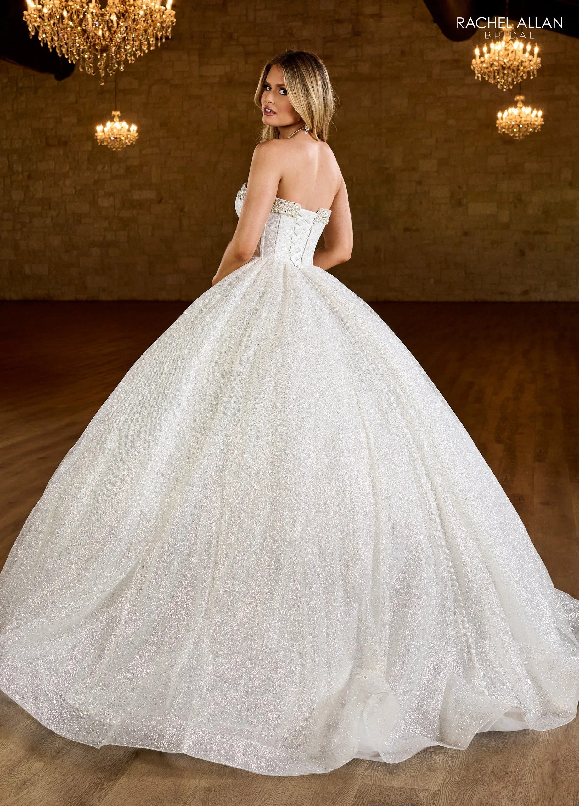 Ivory Sweetheart Floor-Length Glitter Tulle Bridal Ball Gown with Beaded Corset Rachel Allan RB6149