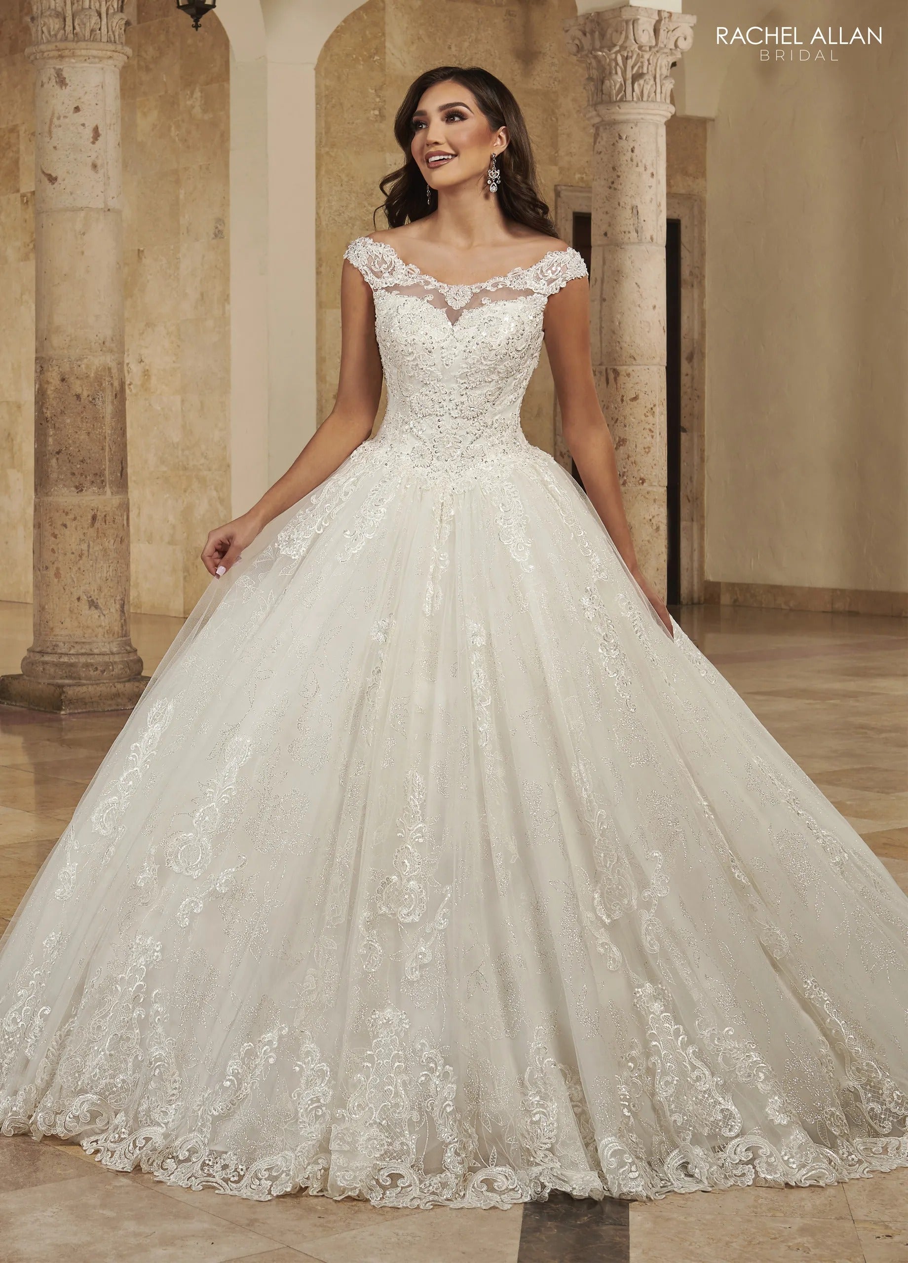 Ivory Boat Neck Floor-Length Shimmer Lace Wedding Ball Gown with Keyhole Back Rachel Allan MB6083 Rachel Allan MB6083
