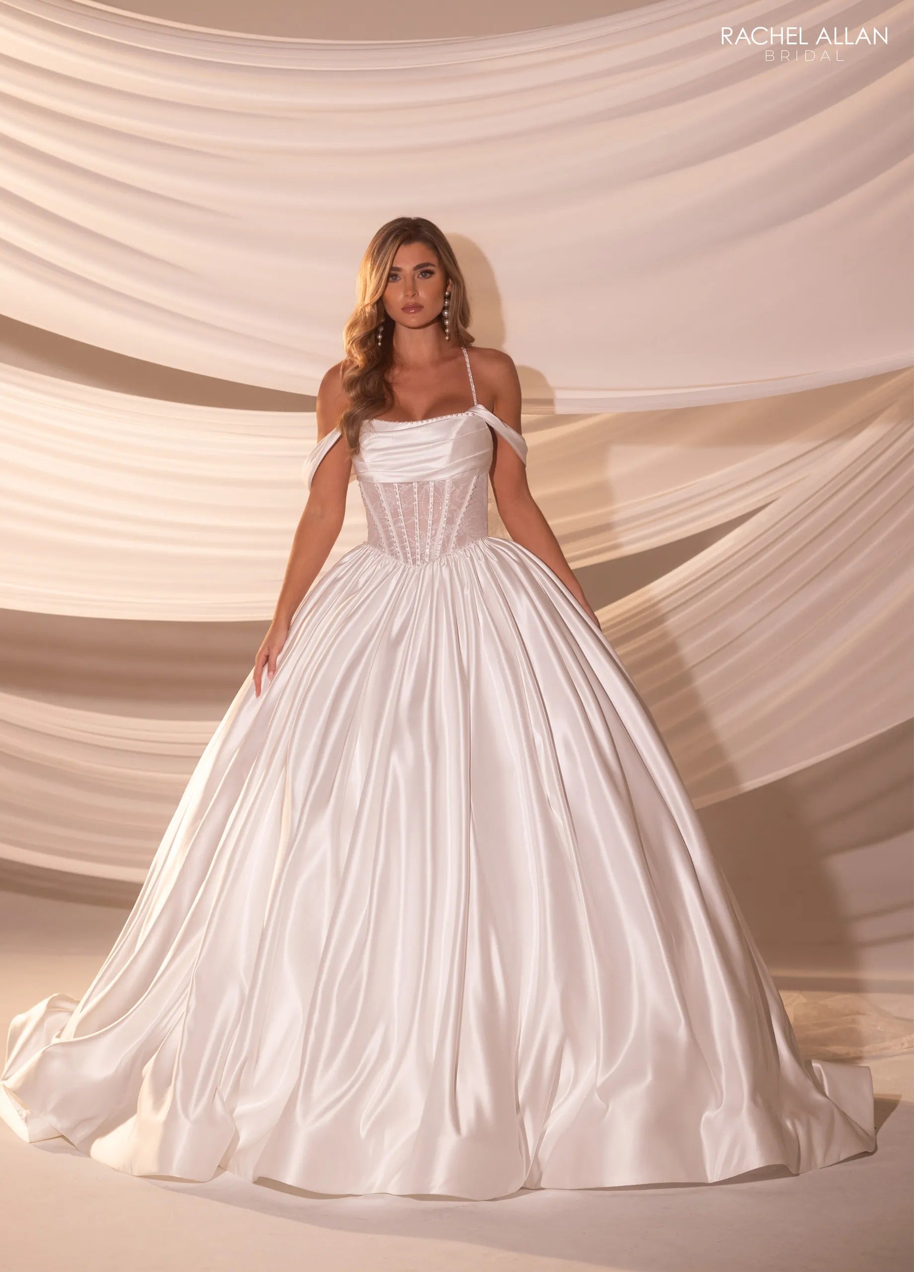 Ivory Square Neck Floor-Length Satin Bridal Ball Gown with Sheer Corset Bodice Rachel Allan RB6179