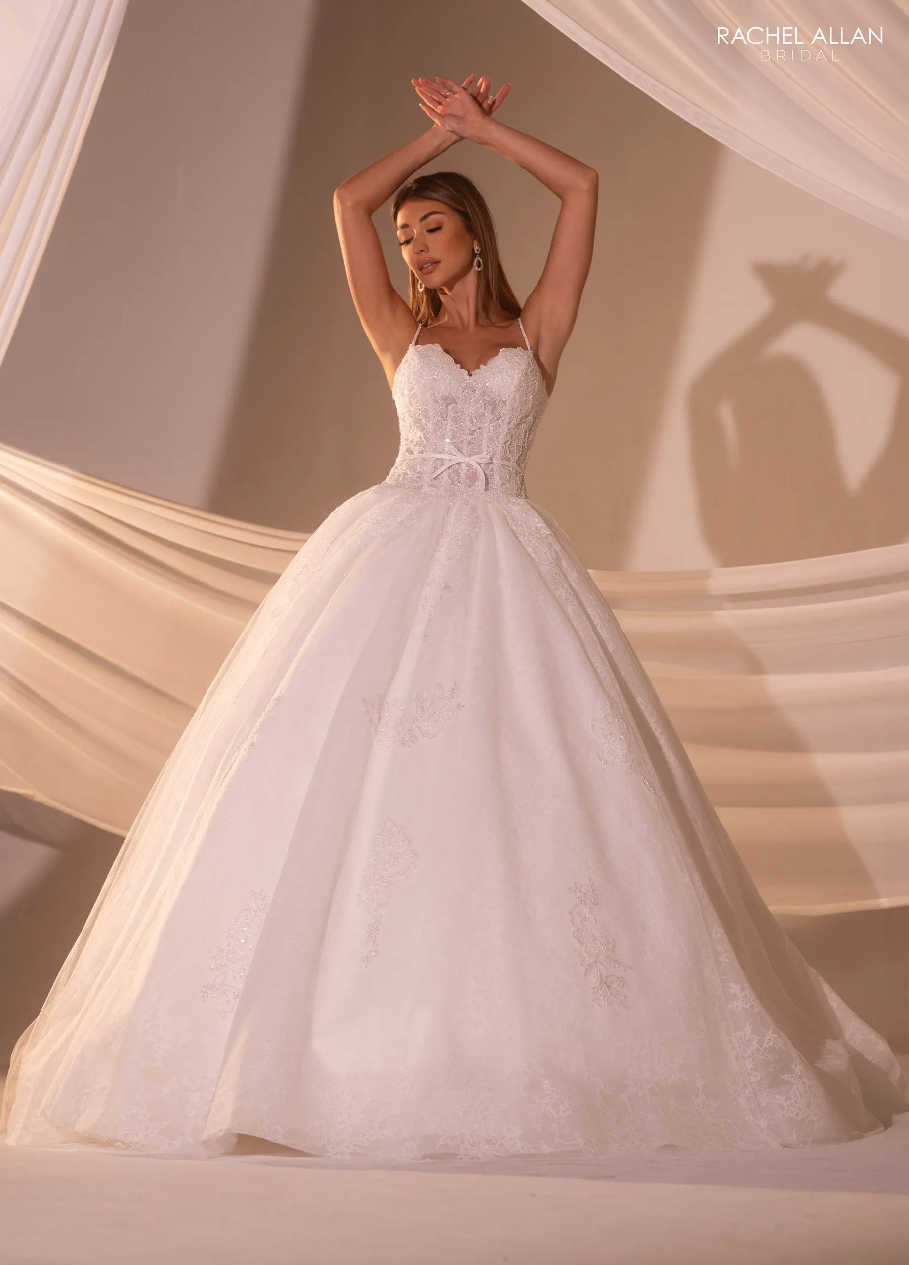 Ivory Sweetheart Floor-Length Tulle and Lace Bridal Ball Gown with Bow Detail Rachel Allan RB6176