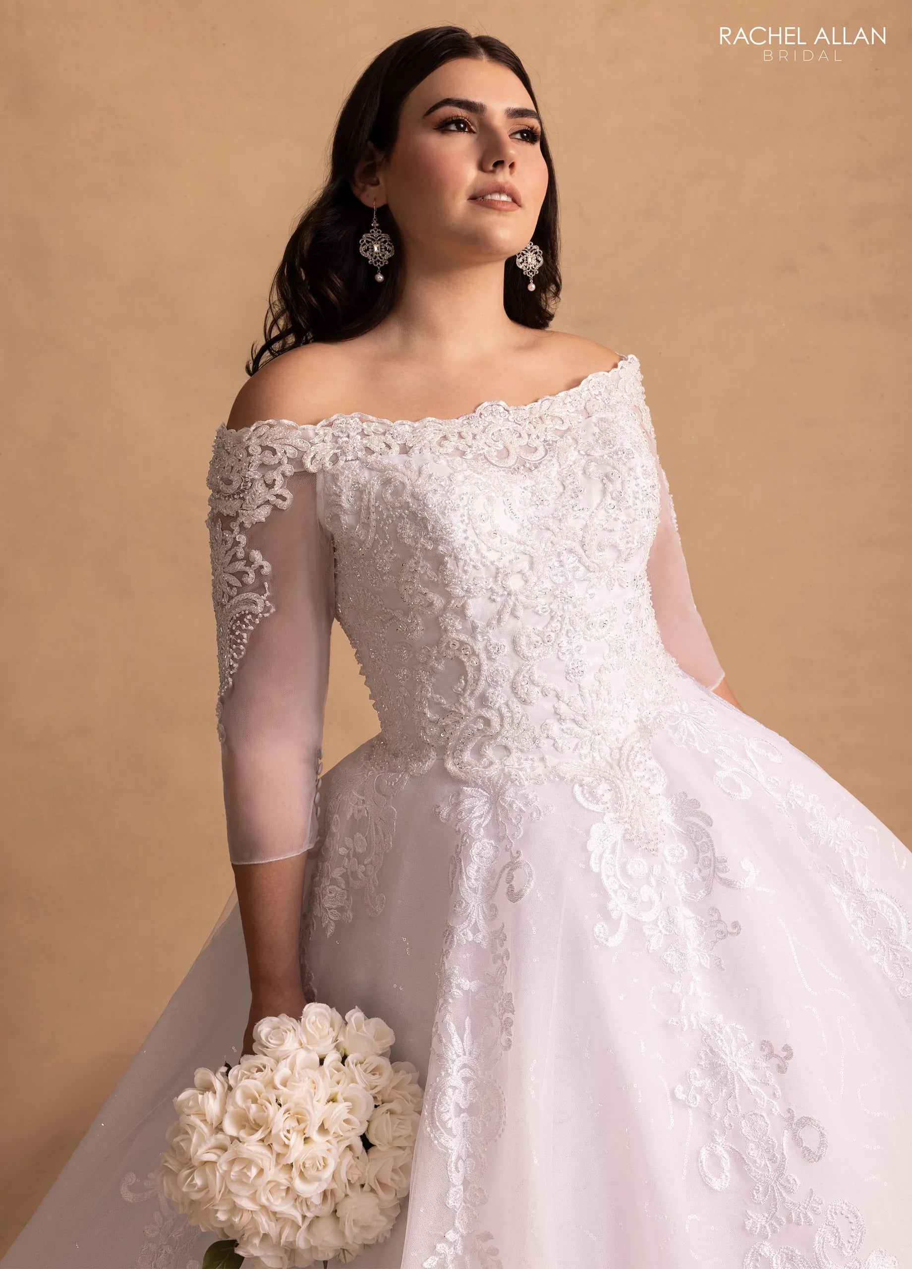 Ivory Off-the-Shoulder Floor-Length Glitter Tulle Wedding Ball Gown Rachel Allan MB6072 Rachel Allan MB6072