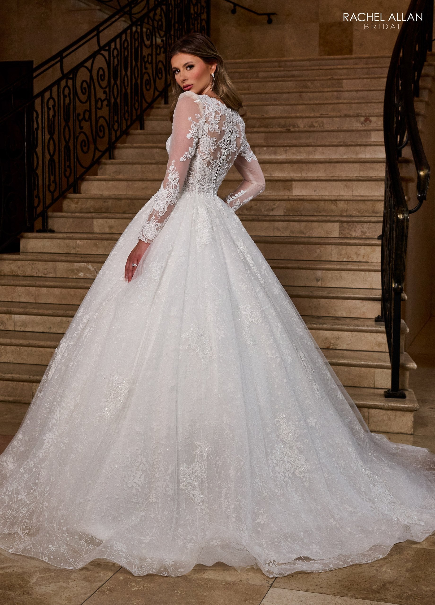 White Rachel Allan RB6172 Long Glitter Beaded Lace Wedding Dress
