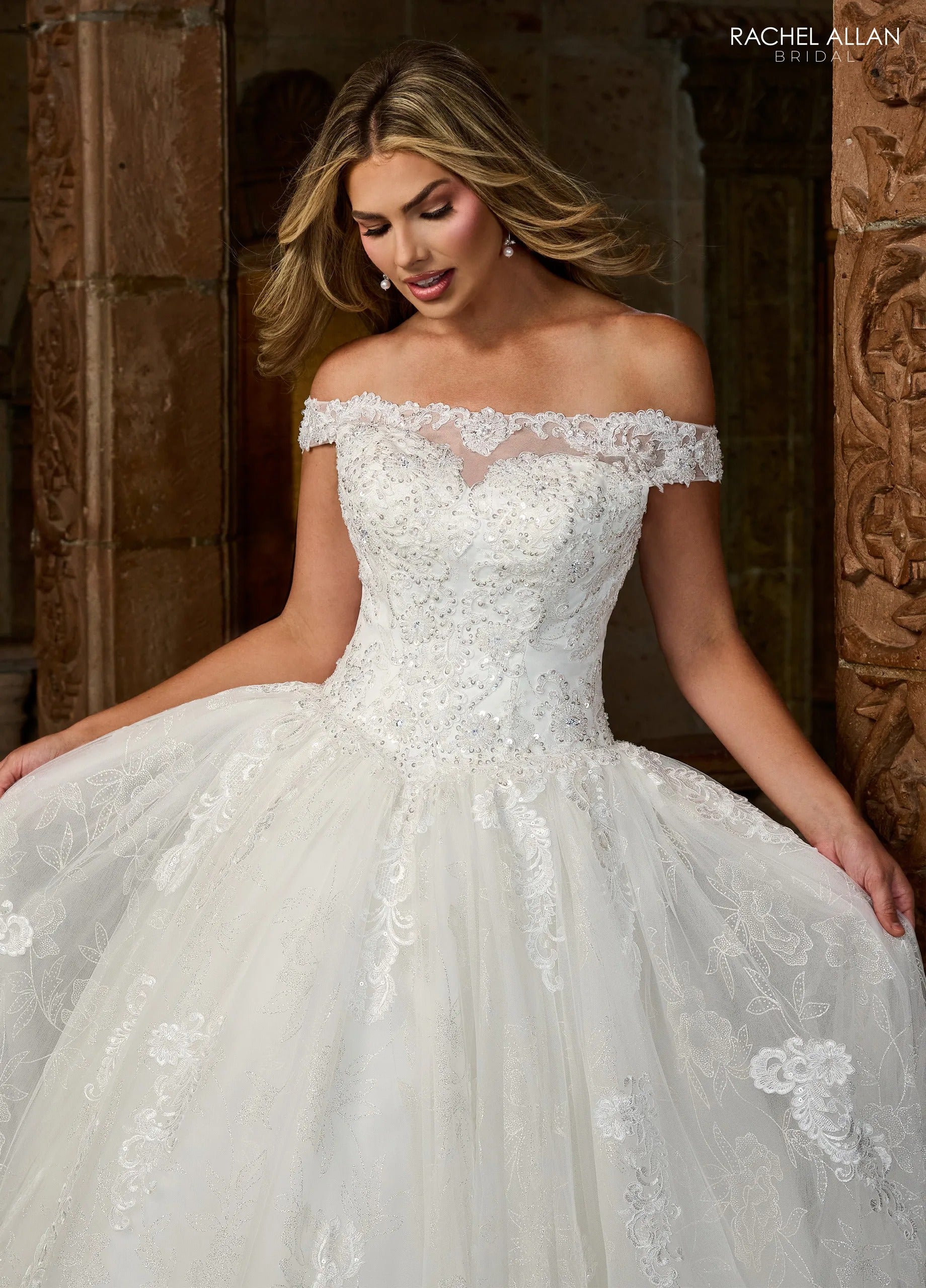 Ivory Boat Neck Floor-Length Shimmer Lace Wedding Ball Gown with Keyhole Back Rachel Allan MB6083 Rachel Allan MB6083