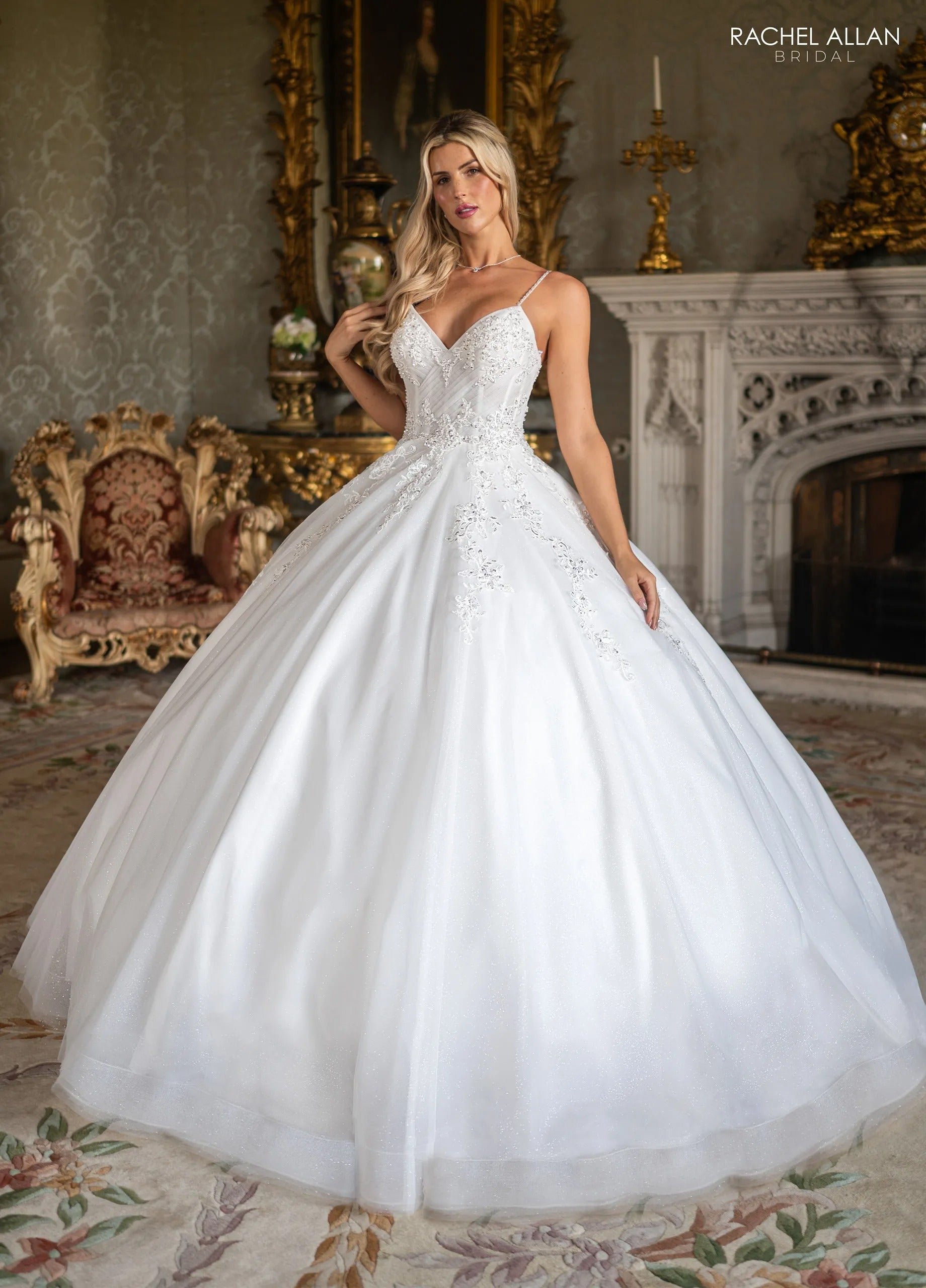 Ivory V-Neck Floor-Length Tulle Wedding Dress Ball Gown with Lace Embroidery Rachel Allan RB6196