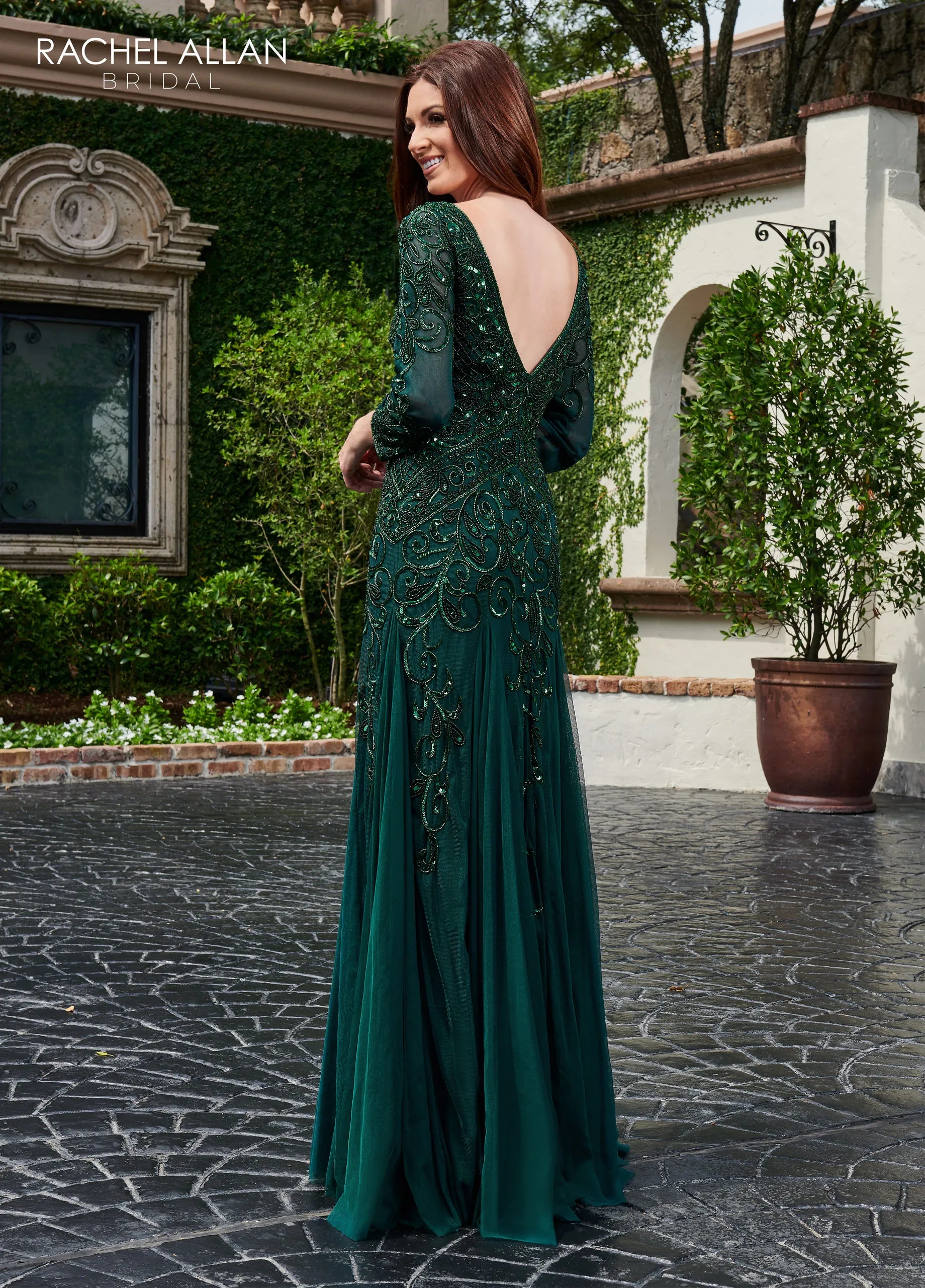 Emerald Scoop Neck Floor-Length Beaded Tulle Mother of the Bride Dress with Long Sleeves Rachel Allan RB8105