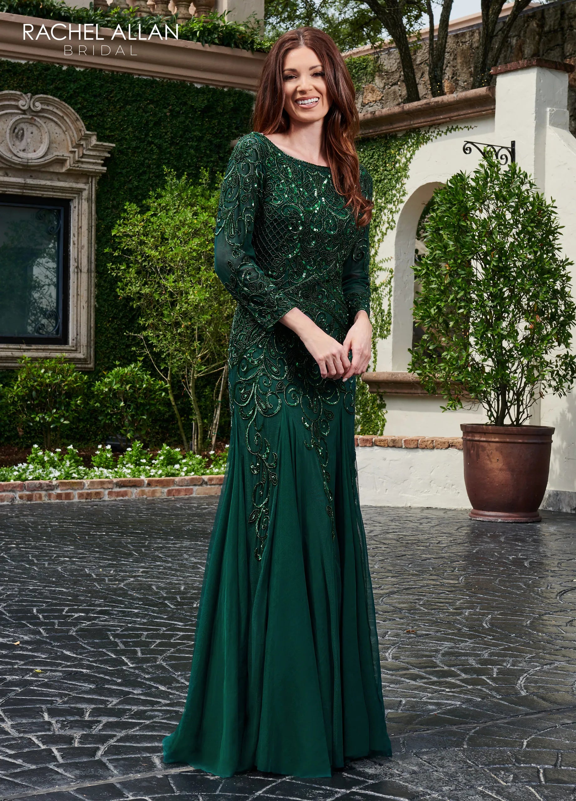 Emerald Scoop Neck Floor-Length Beaded Tulle Mother of the Bride Dress with Long Sleeves Rachel Allan RB8105