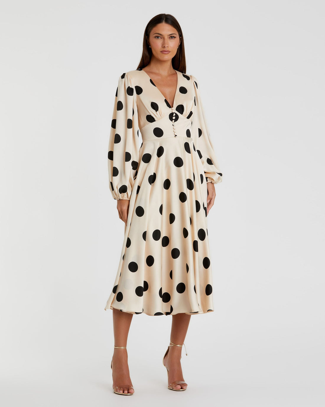 Mac Duggal Women's Polka Dot Charmeuse Long Sleeve V Neck Midi Dress - Multi - Size 12