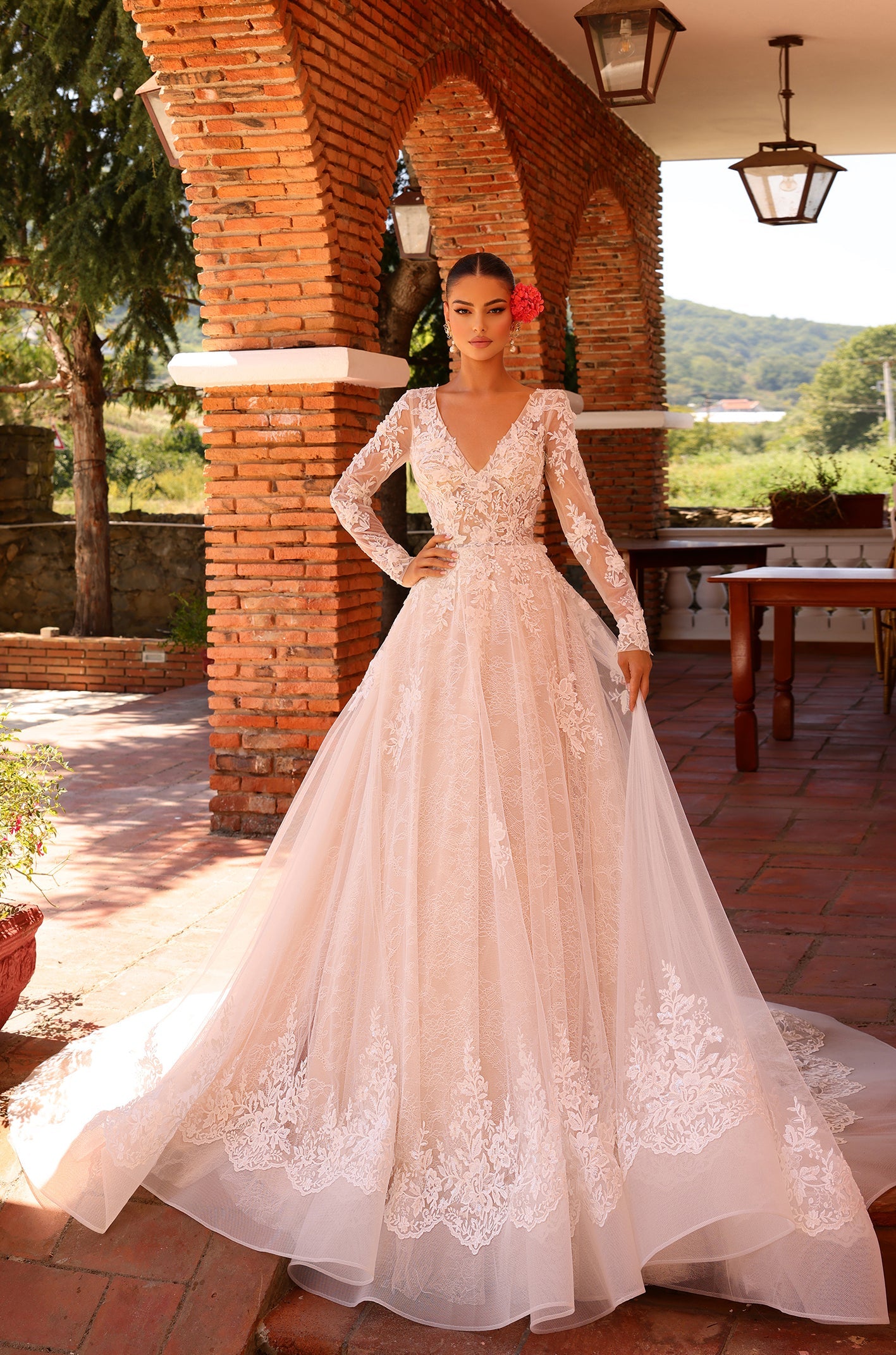 Wedding Dresses Long Sleeve A Line Lace Applique Wedding Dress Amarra 88212 Ivory/Nude