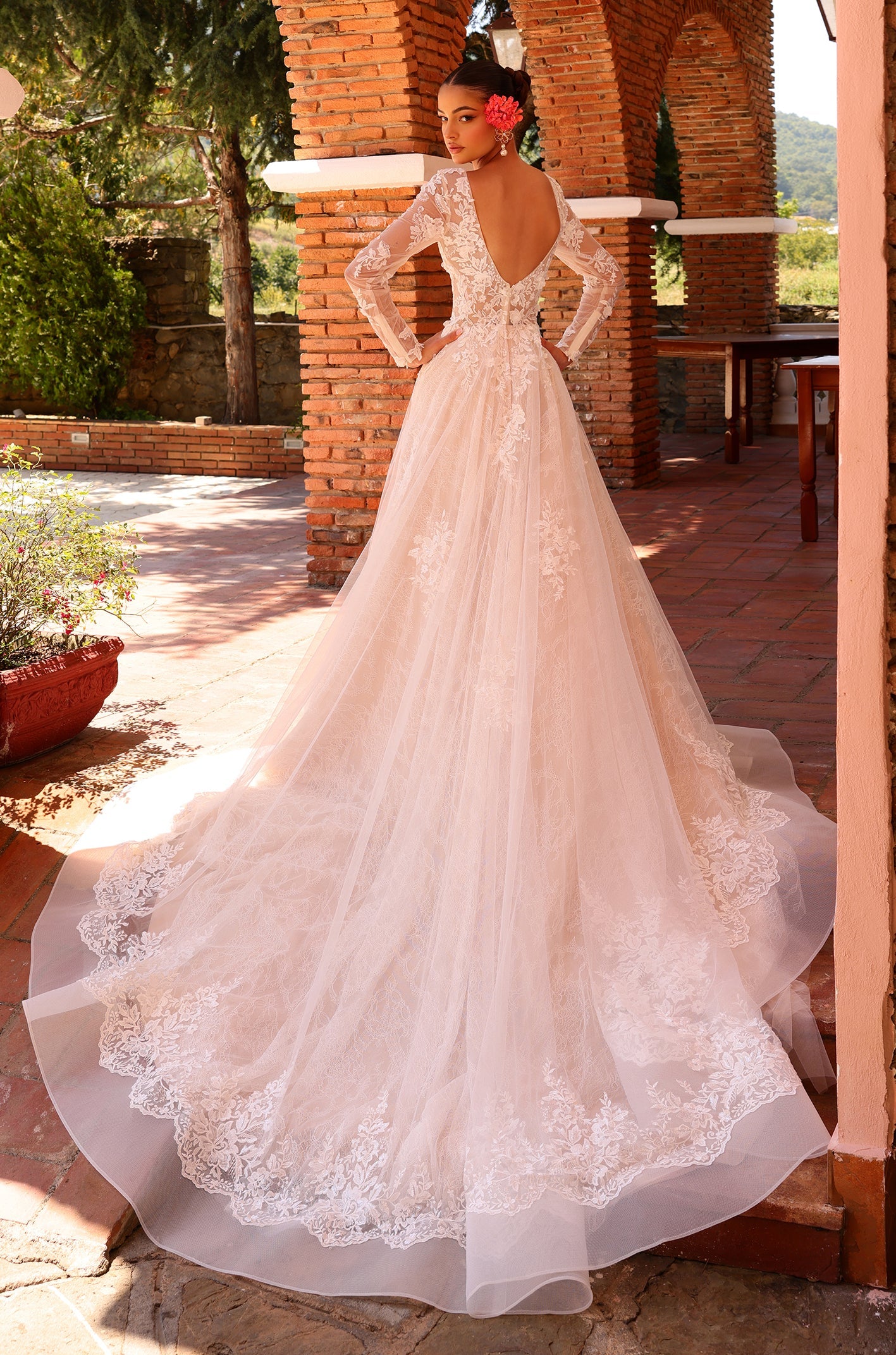 Wedding Dresses Long Sleeve A Line Lace Applique Wedding Dress Amarra 88212 Ivory/Nude