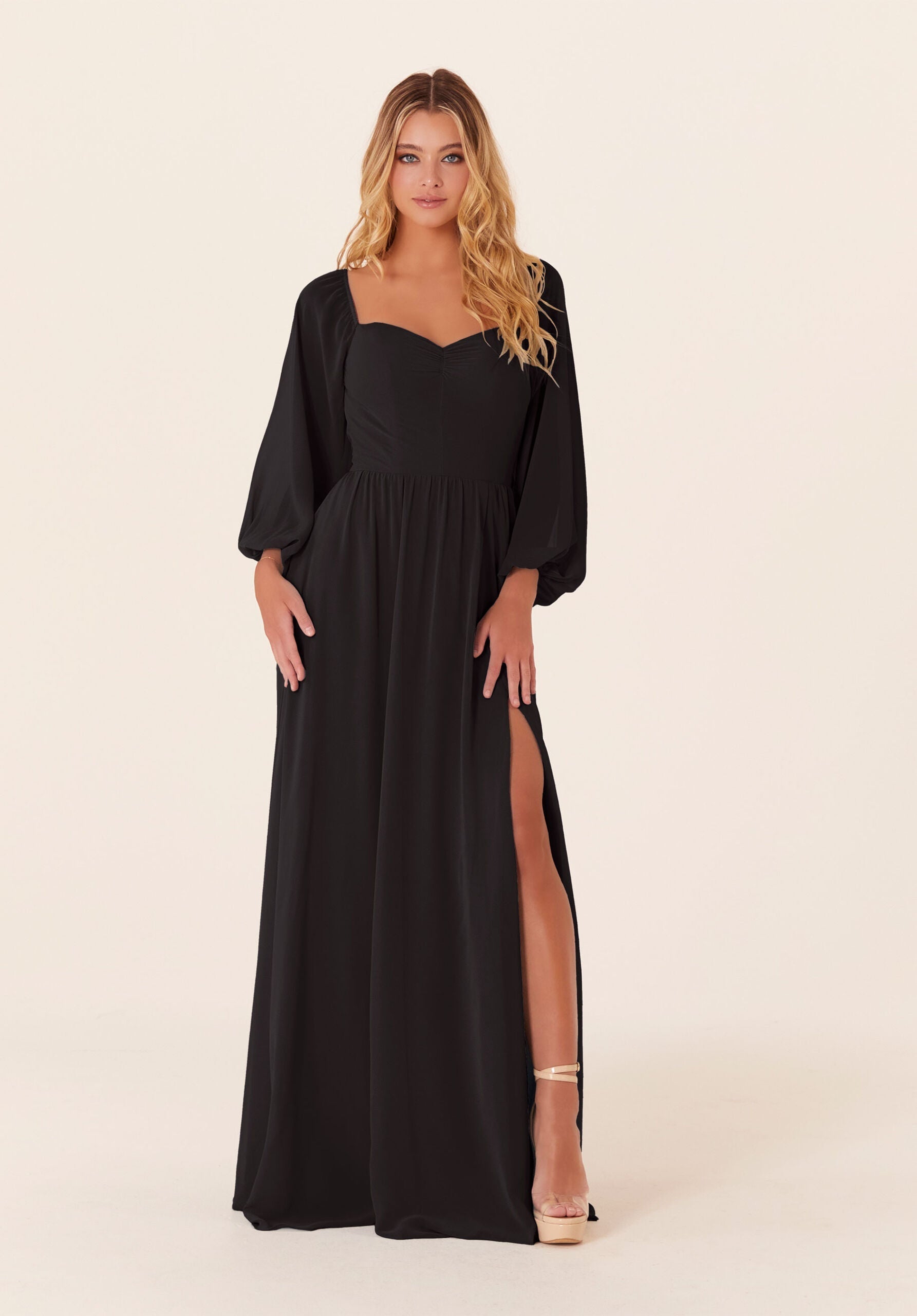 Mother of the Bride Dresses Formal A Line Long Sleeve Mother of the Bride Dress Black-Chiffon-21830-Pleated