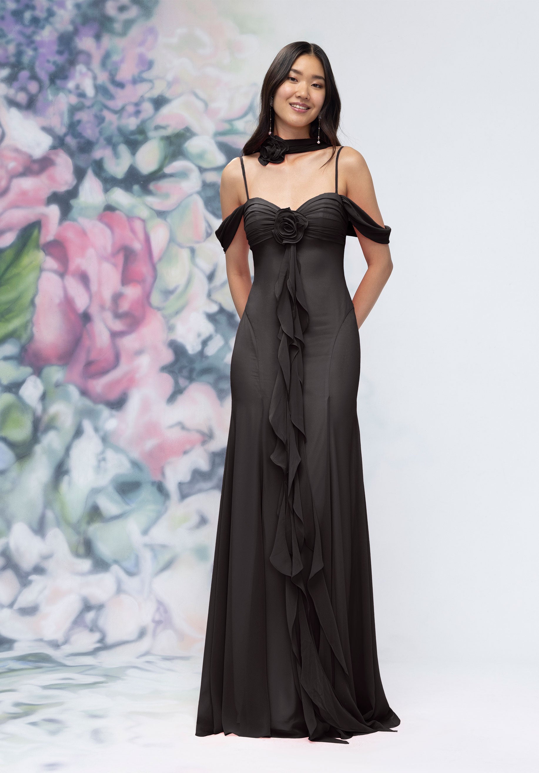 Formal Dresses Floral Ruffle Long Formal Dress Black-Chiffon-3030000-Ruffle