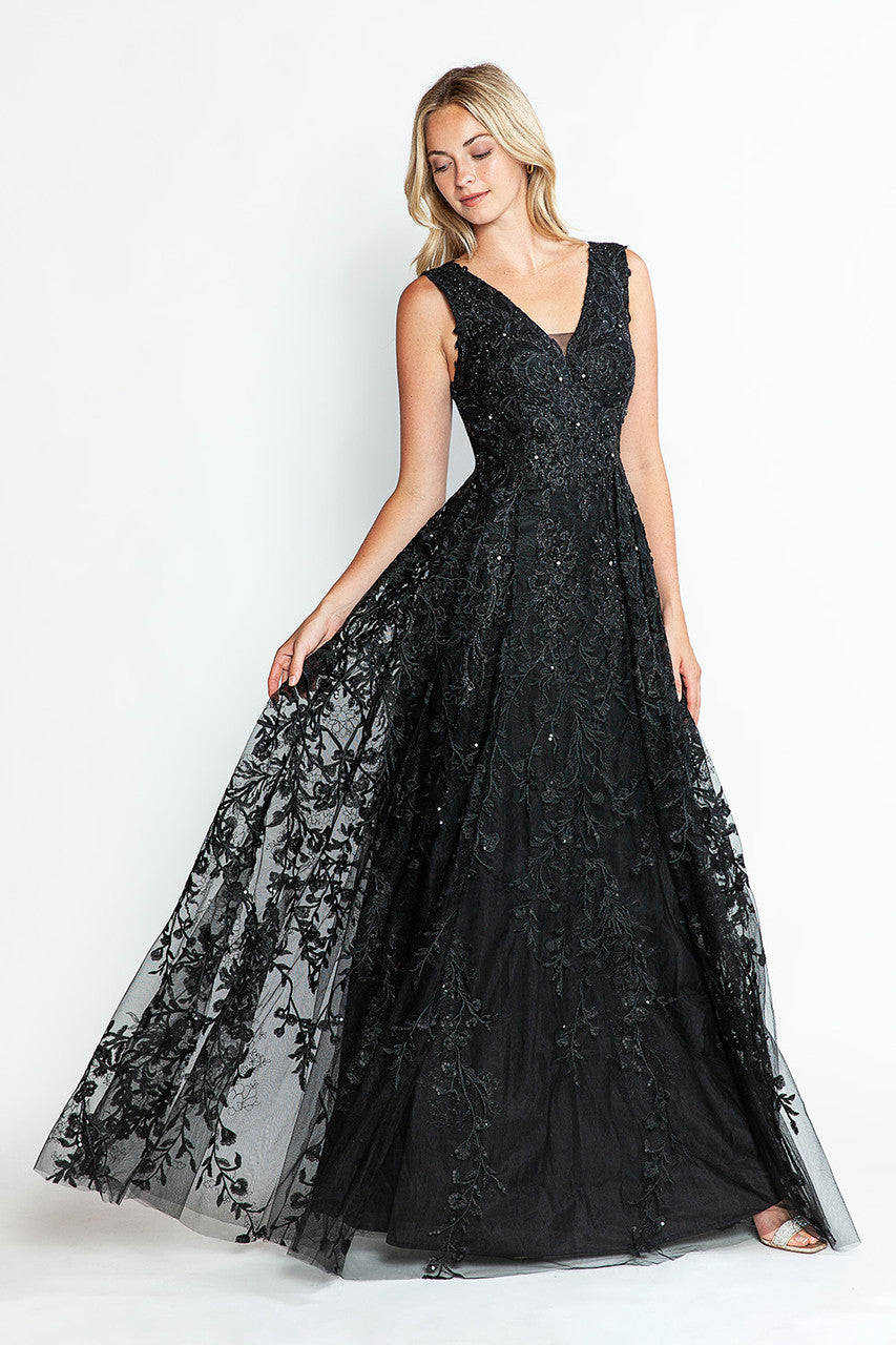 knee length dresses for ladies A Line Long Formal Lace Dress Lenovia 8337
