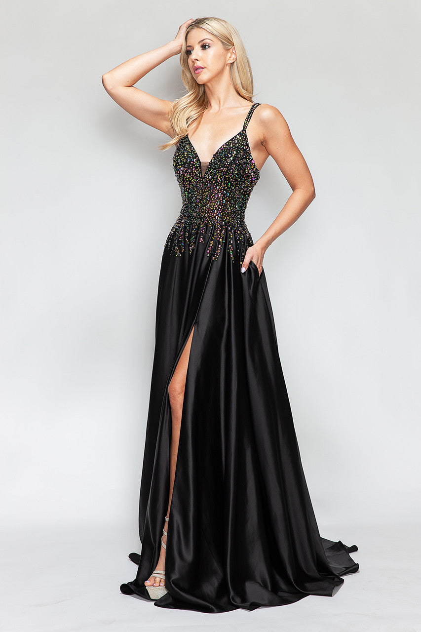 Prom Dresses Slit Prom Long Formal Dress Lenovia 8331 Black-Satin-8331-Beaded