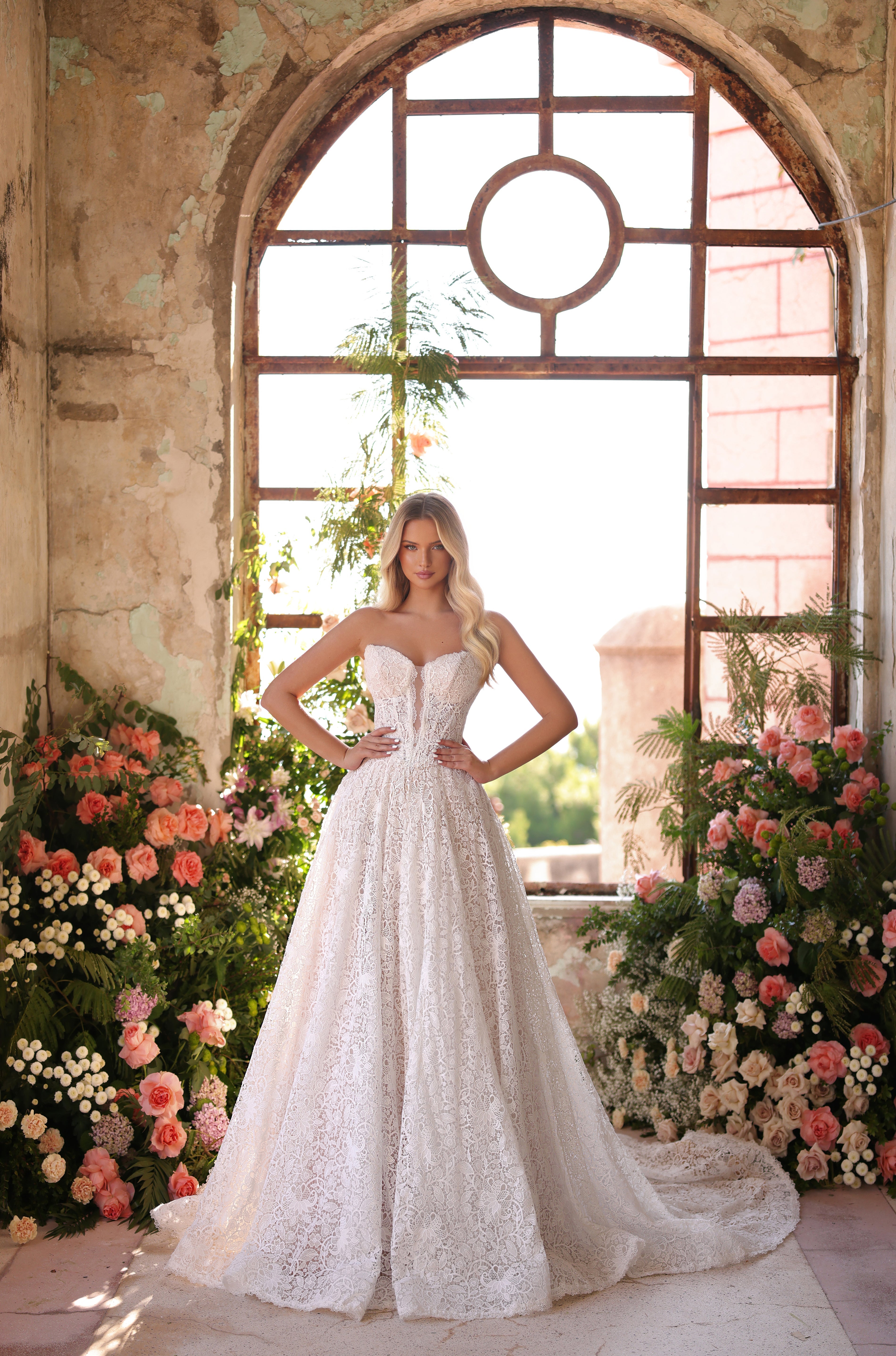 Wedding Dresses Corset Long Lace Ball Gown Wedding Dress Amarra 89133 Ivory/Nude