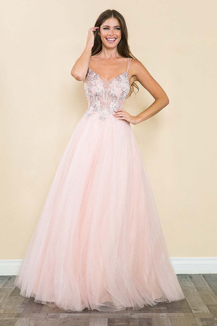 Prom Dresses Sequin Long Beaded Formal Prom Dress Lenovia 8182 Blush Pink-Tulle-8182-Beaded