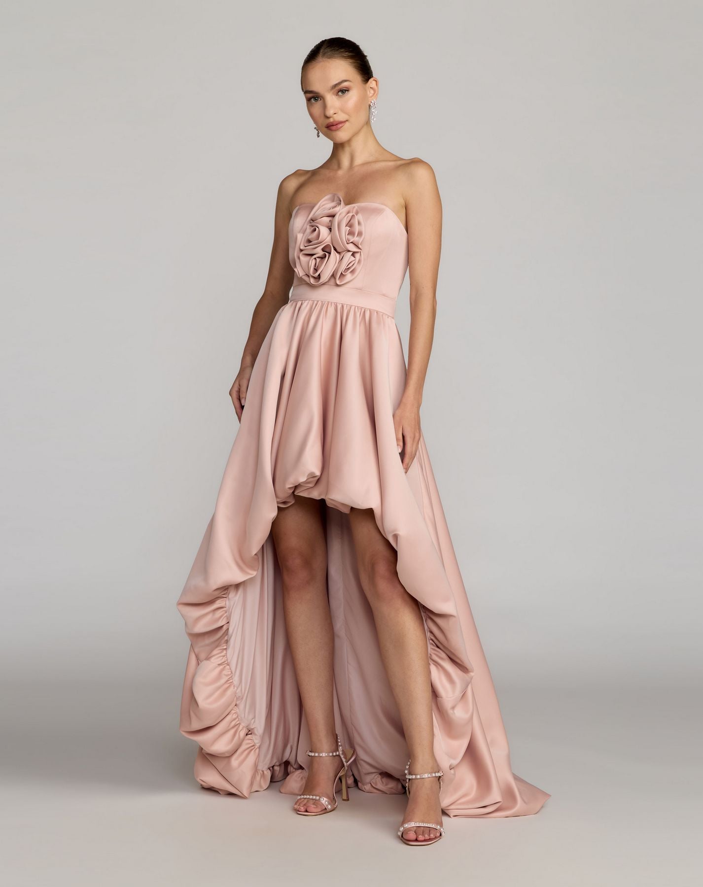 Prom Dresses 3D Floral Formal Prom Gown - High Low - Mac Duggal 27554 Blush-Satin-27554-Floral