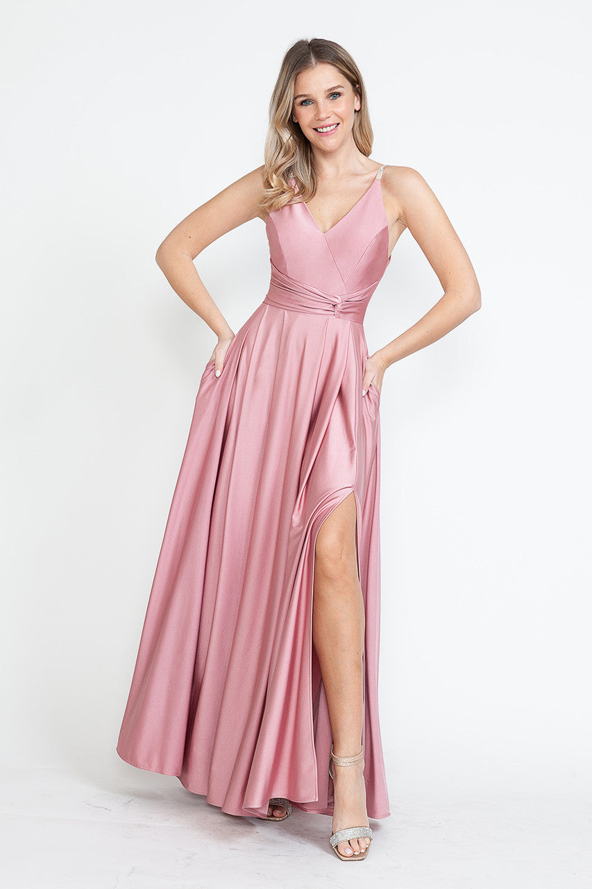 Formal Dresses A Line Formal Slit Long Prom Dress Lenovia 5275 Blush-Satin-5275-A Line