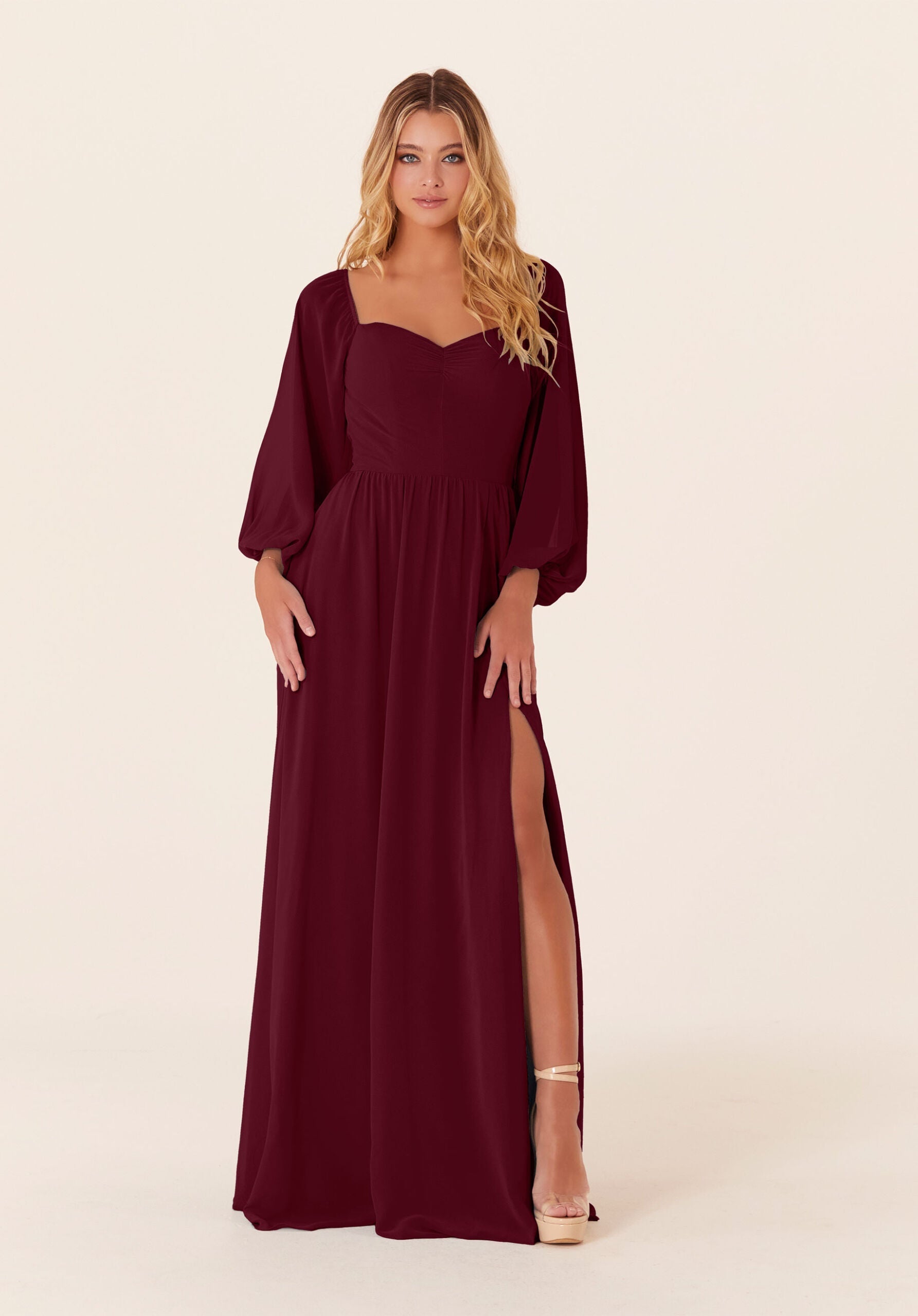 Mother of the Bride Dresses Long Sleeve A Line Formal Mother of the Bride Dress Bordeaux-Chiffon-21830-Pleated