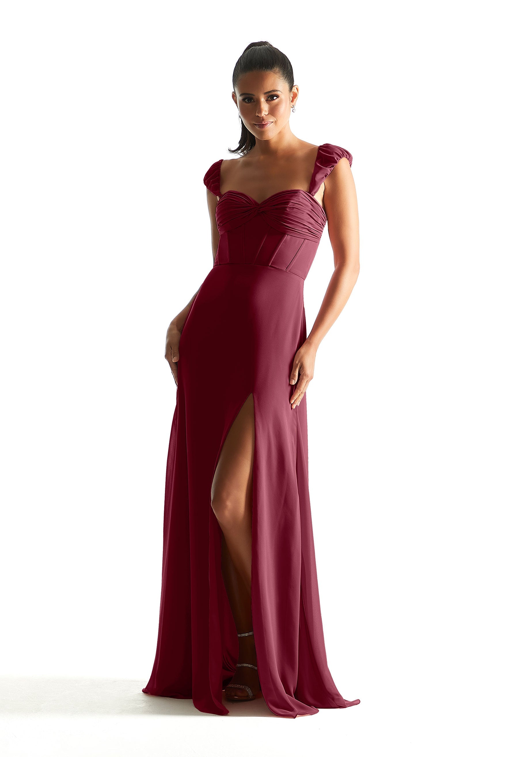 Formal Dresses Long Formal Corset Slit Evening Dress Bordeaux-Chiffon-21855-Corset