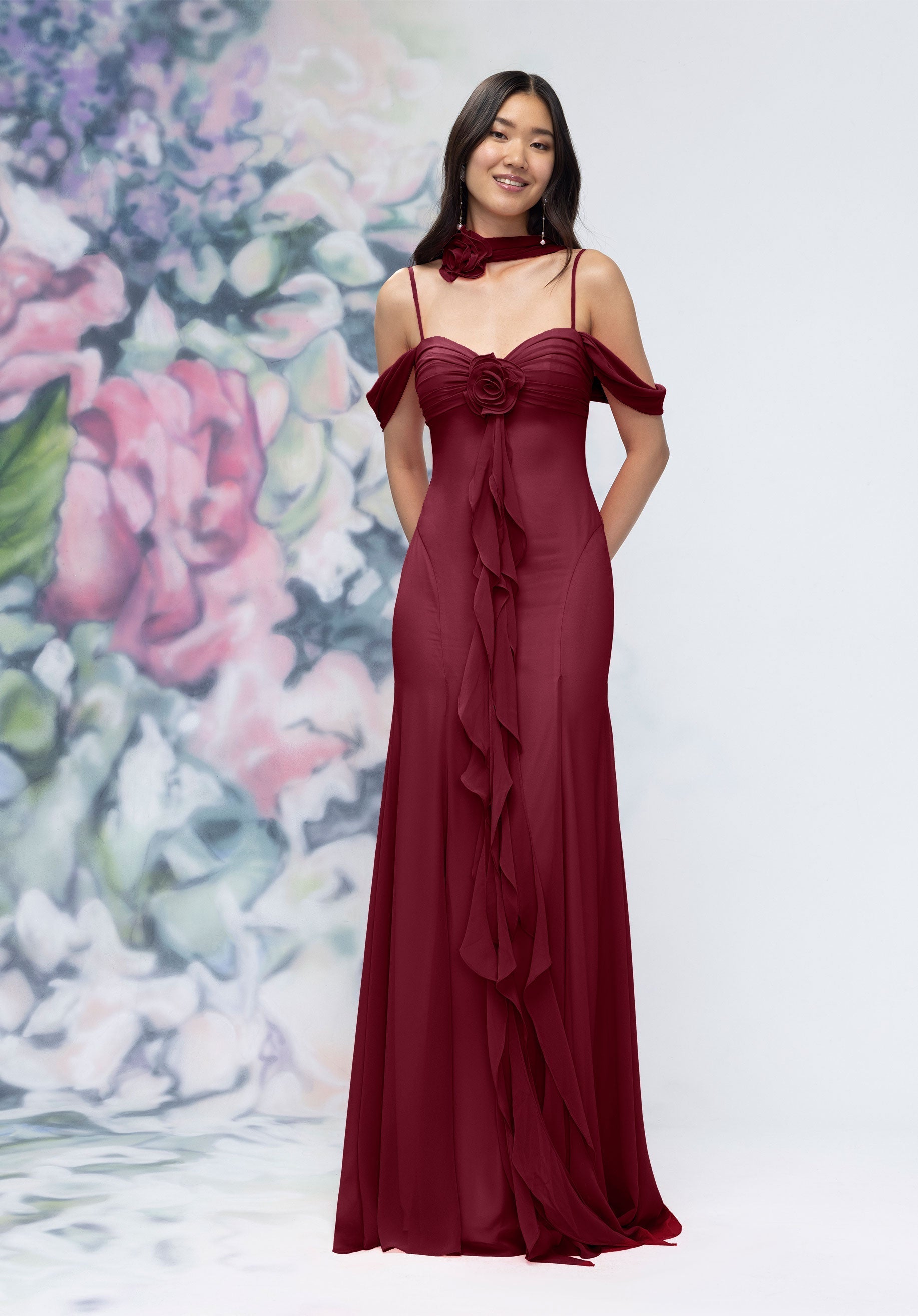 Formal Dresses Ruffle Floral Long Formal Dress Bordeaux-Chiffon-3030000-Ruffle