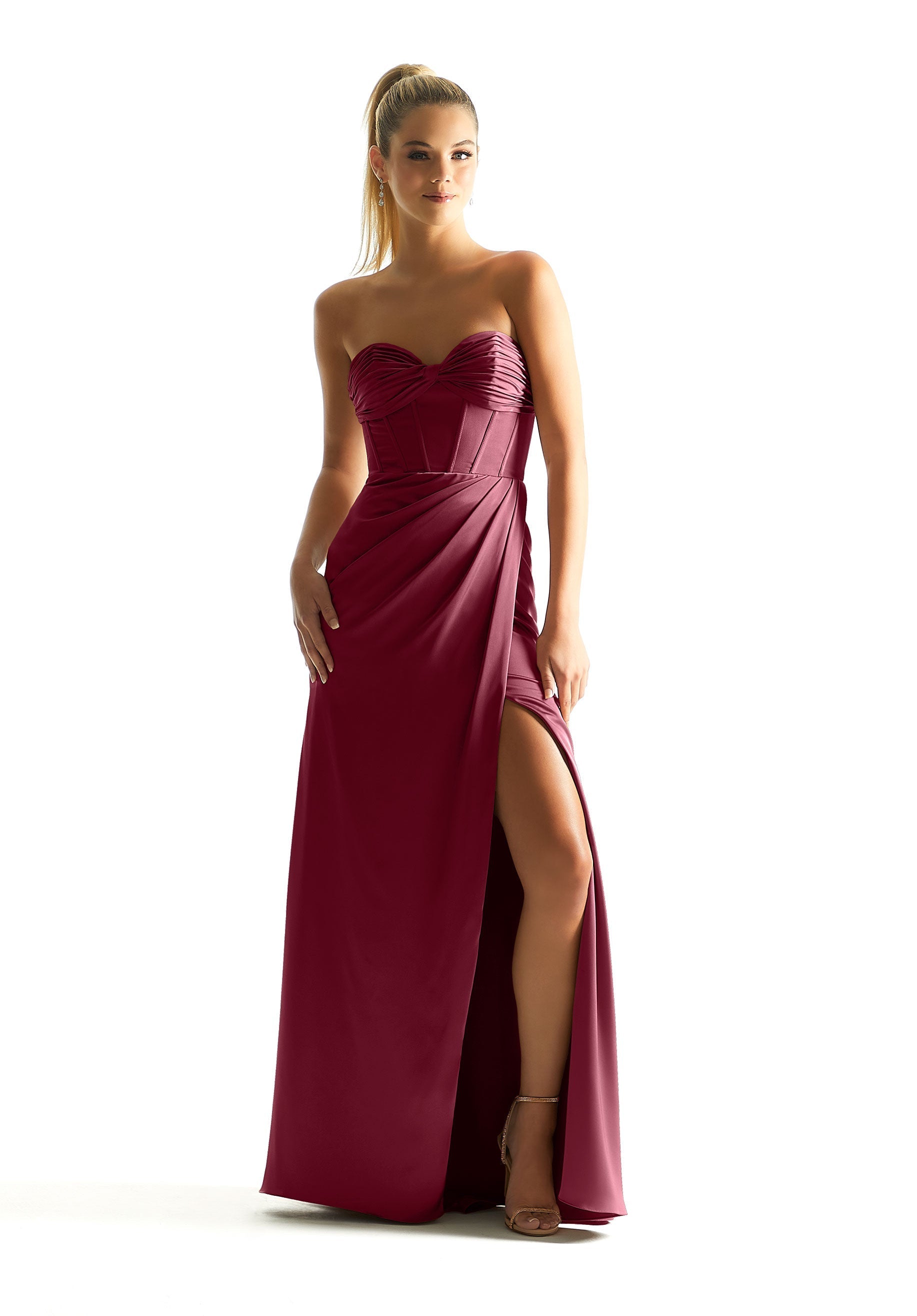 Formal Dresses Long Formal Corset Fitted Evening Dress Bordeaux-Satin-21858-Corset