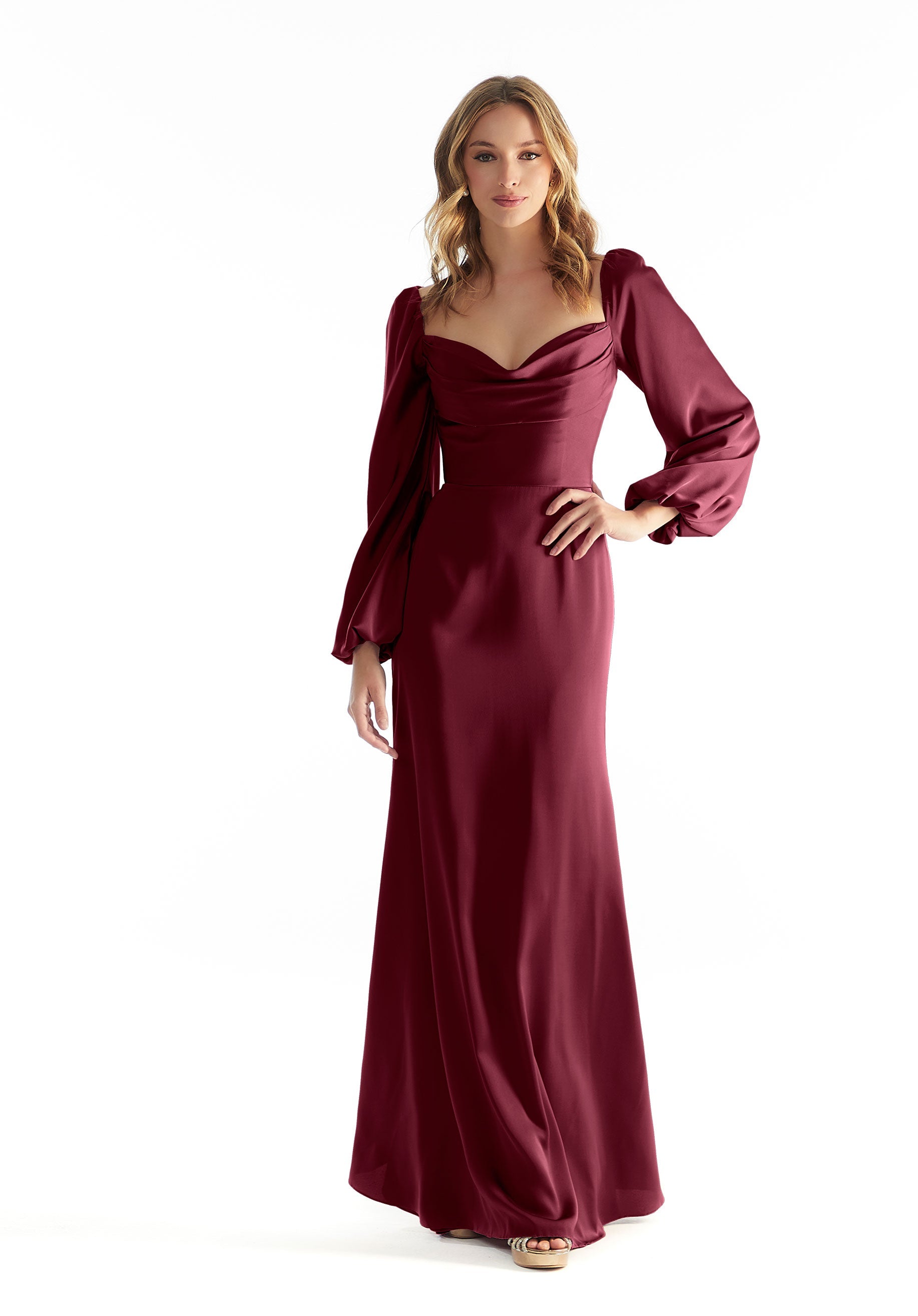 Mother of the Bride Dresses Long Sleeve Formal Lace Mother of the Bride Dress Bordeaux-Satin-31221-Cowl