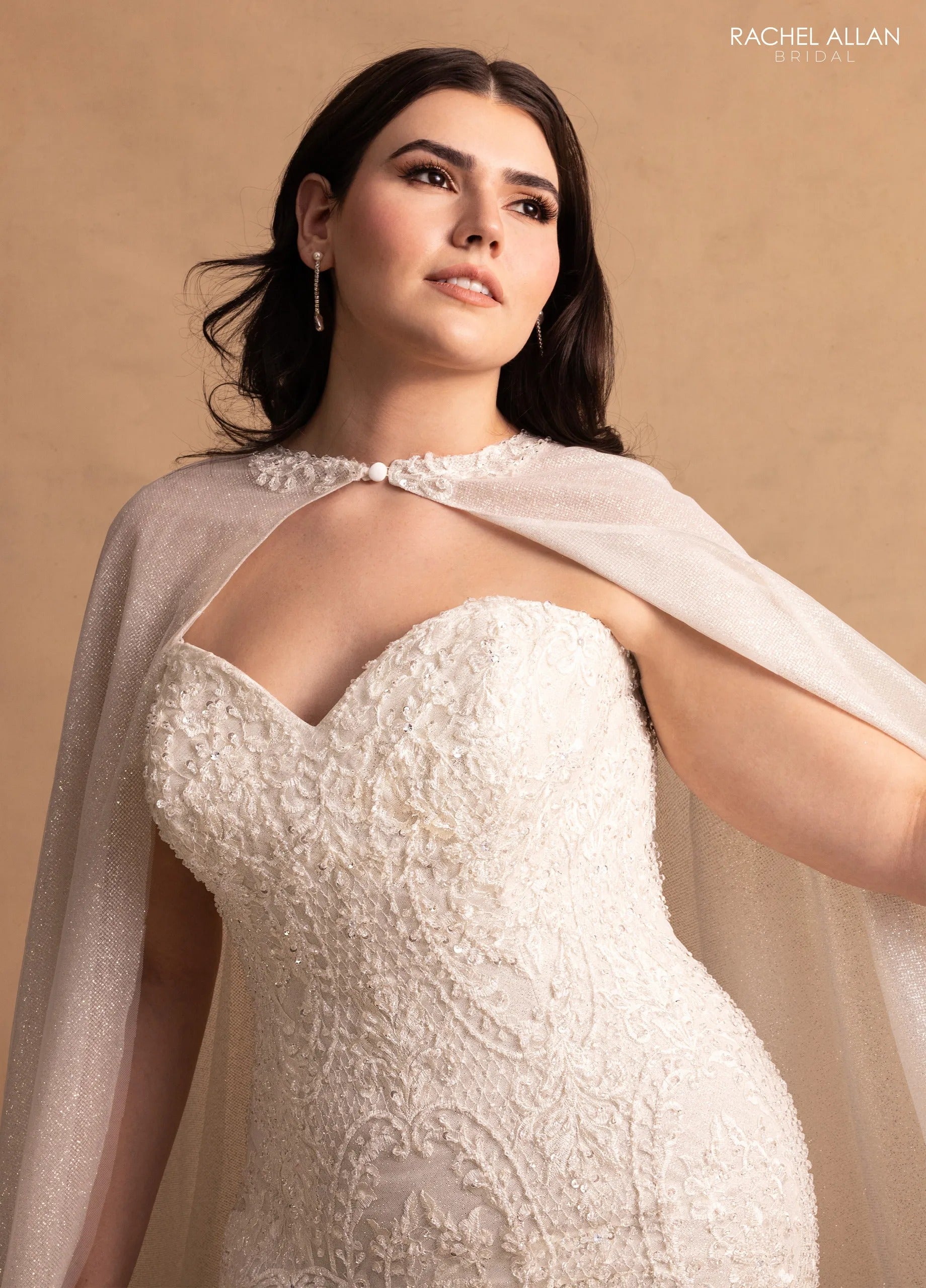 Ivory Sweetheart Floor-Length Lace Bridal Mermaid Gown with Cape Rachel Allan M781