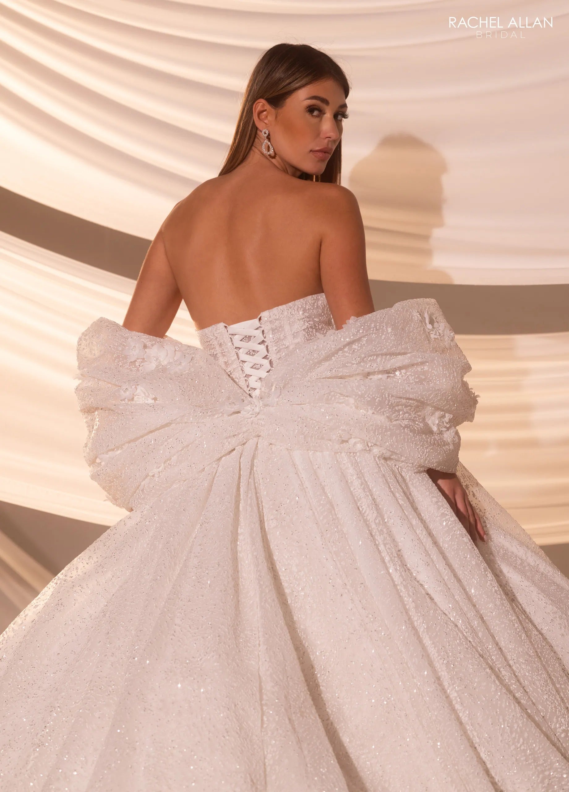 Ivory Nude Sweetheart Floor-Length Tulle Wedding Ball Gown with Detachable Puff Sleeves Rachel Allan RB5110