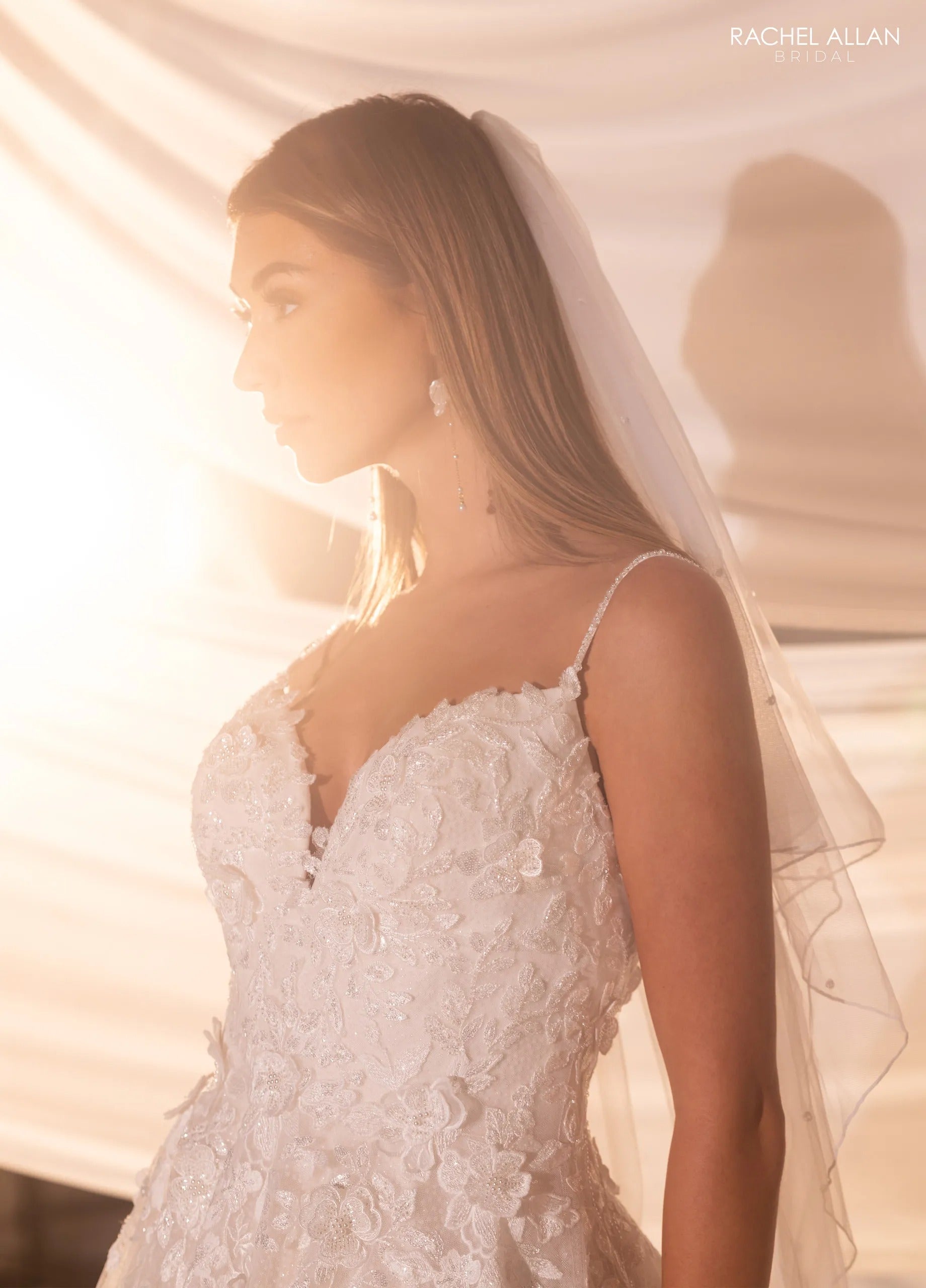 Ivory Nude V-Neck Floor-Length Tulle Wedding A-Line Gown with Lace Appliqué Rachel Allan RB5107
