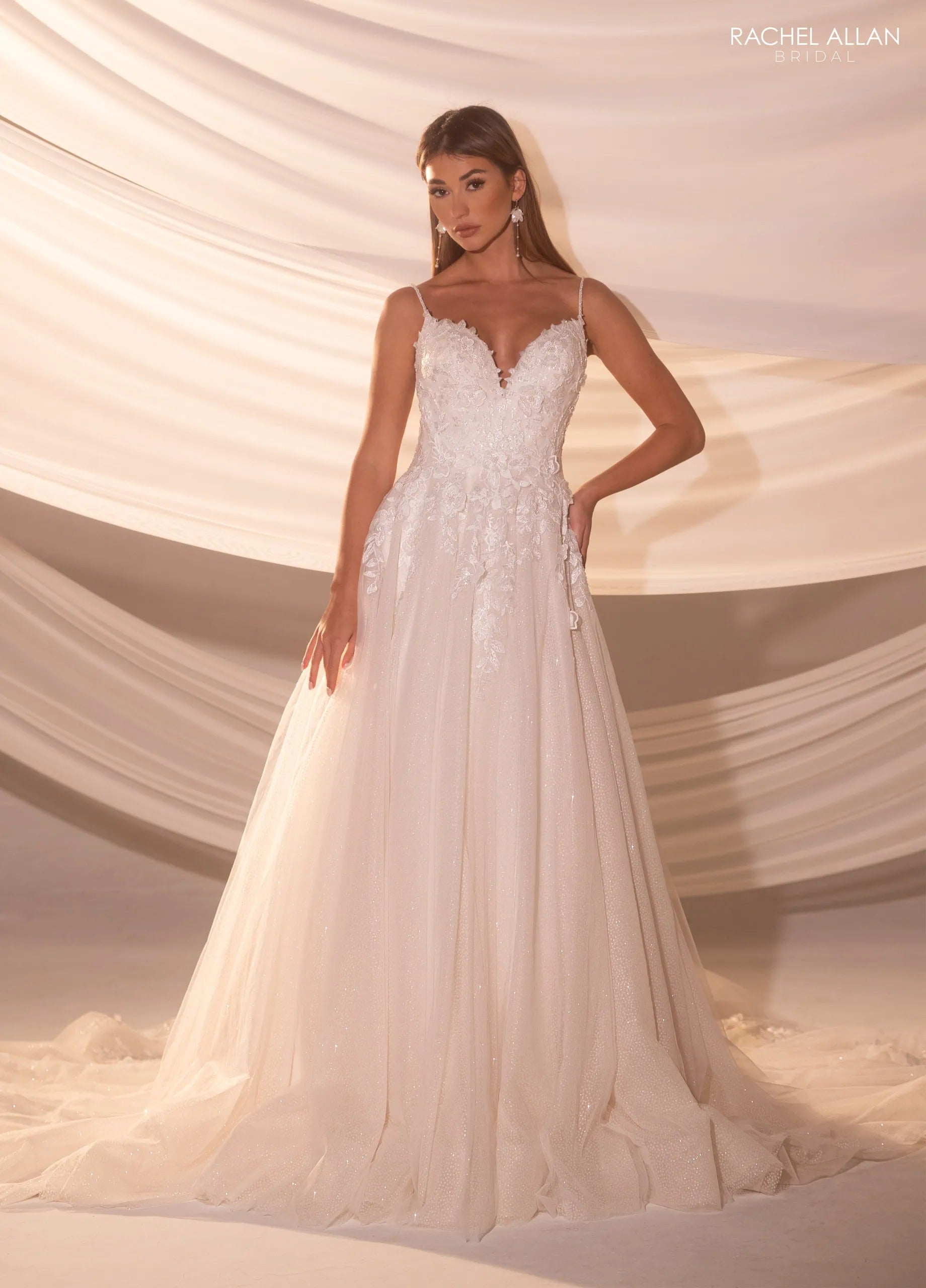 Ivory Nude V-Neck Floor-Length Tulle Wedding A-Line Gown with Lace Appliqué Rachel Allan RB5107