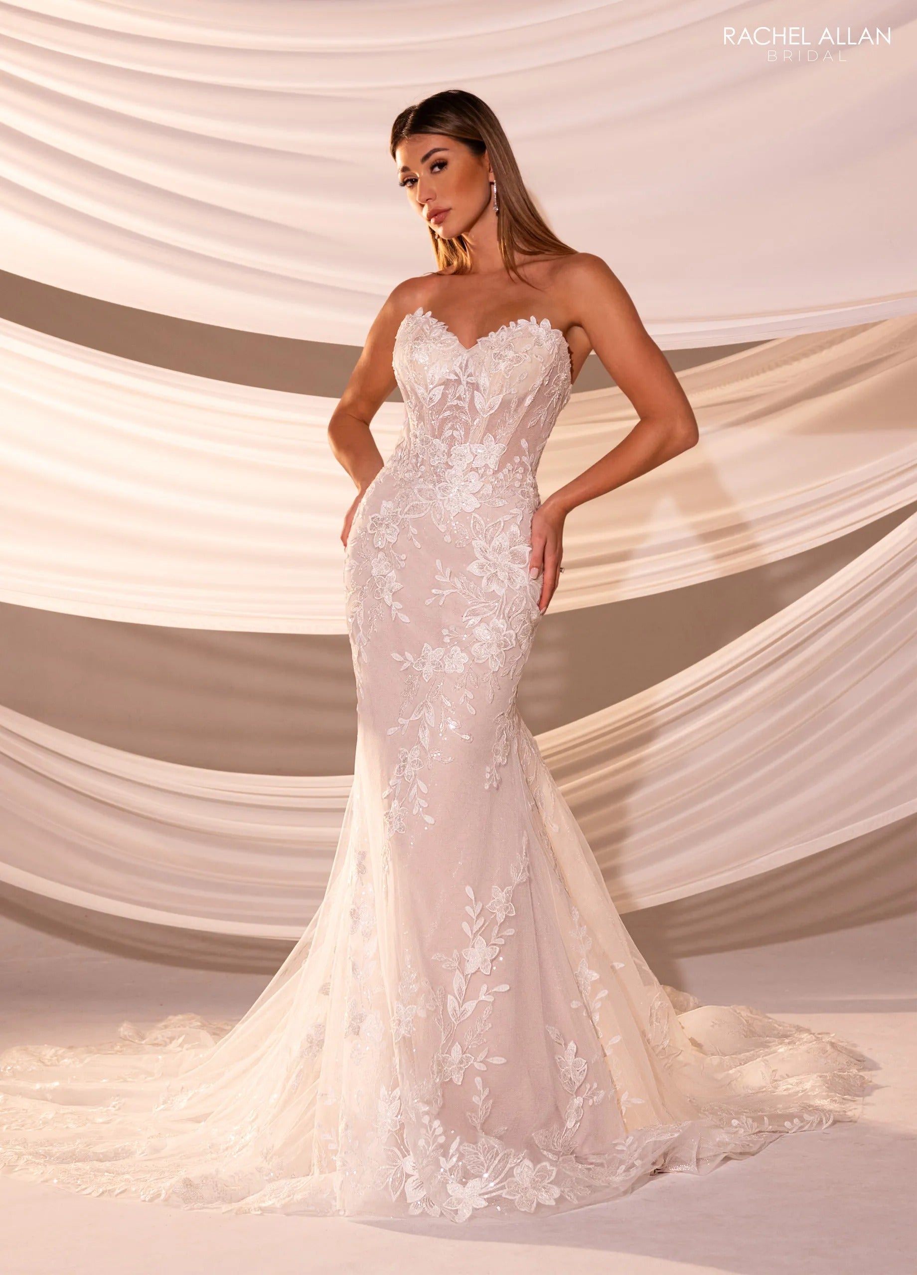 Ivory Nude Sweetheart Floor-Length Lace Tulle Wedding Mermaid Gown with Off-the-Shoulder Sleeves Rachel Allan RB5101