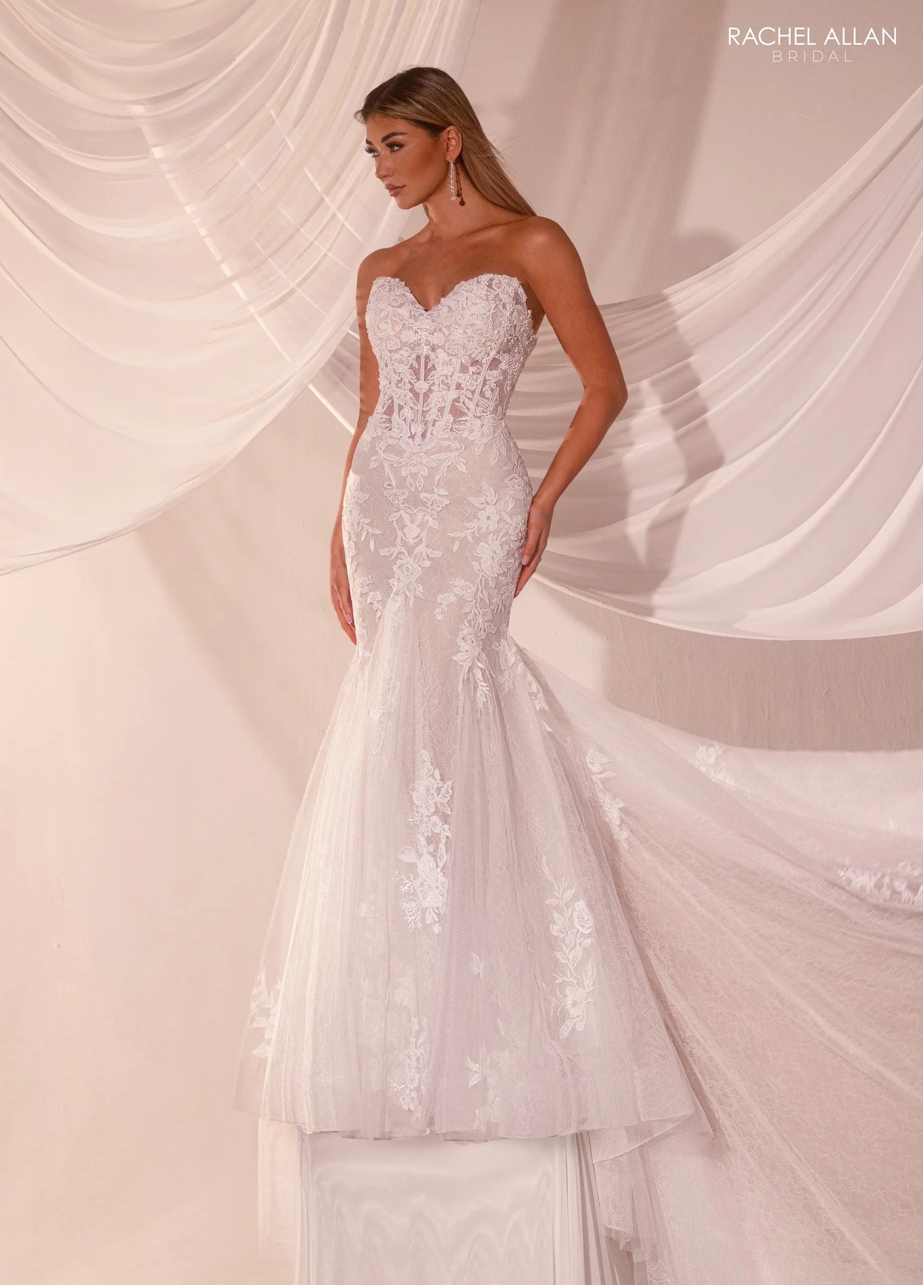 Ivory Sand Sweetheart Floor-Length Lace Tulle Wedding Mermaid Gown with Appliqué Rachel Allan RB5105