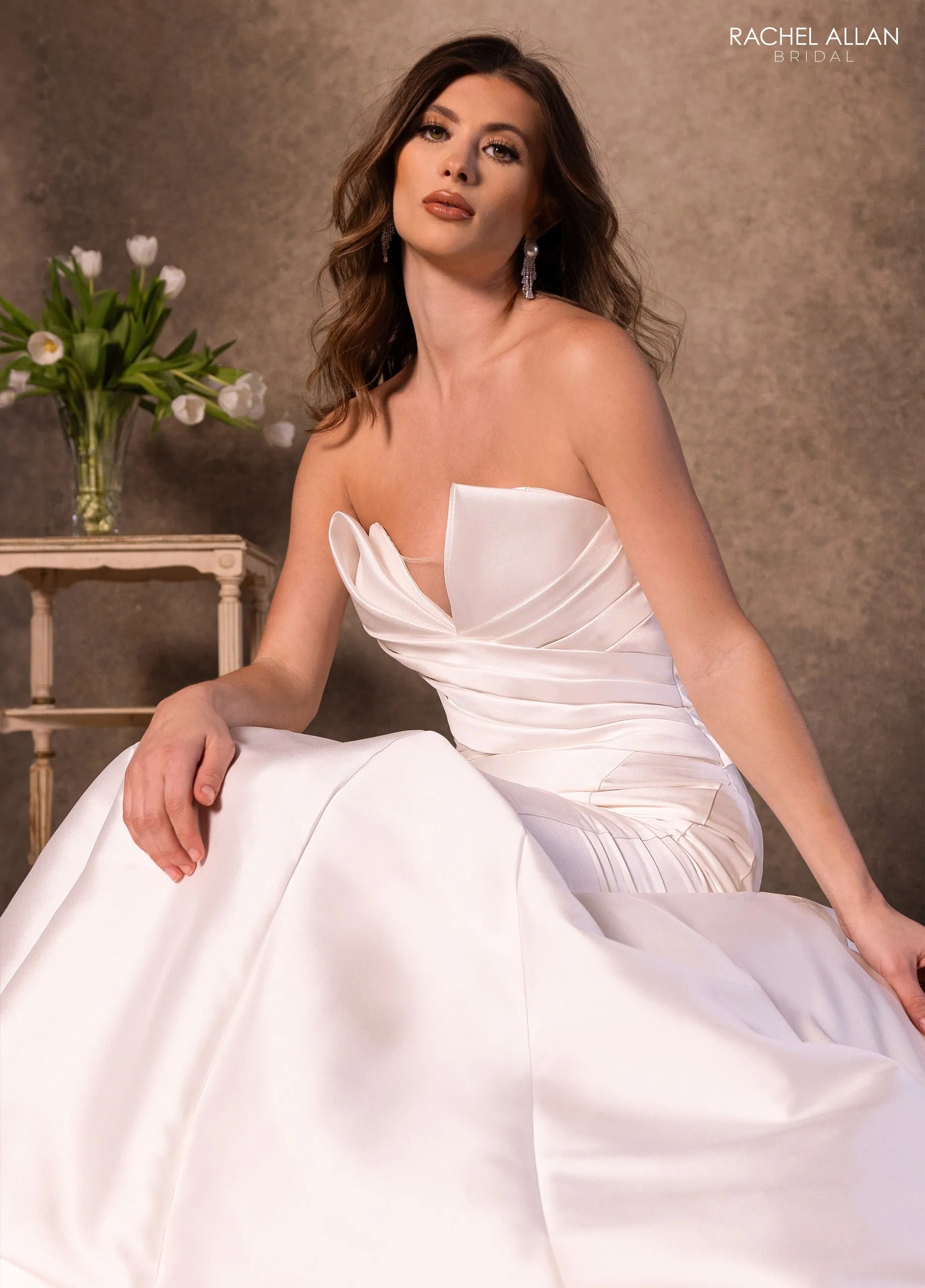 Ivory Light Rum Pink V-Neck Floor-Length Crepe Wedding Mermaid Gown with Draped Bodice Rachel Allan RB5106