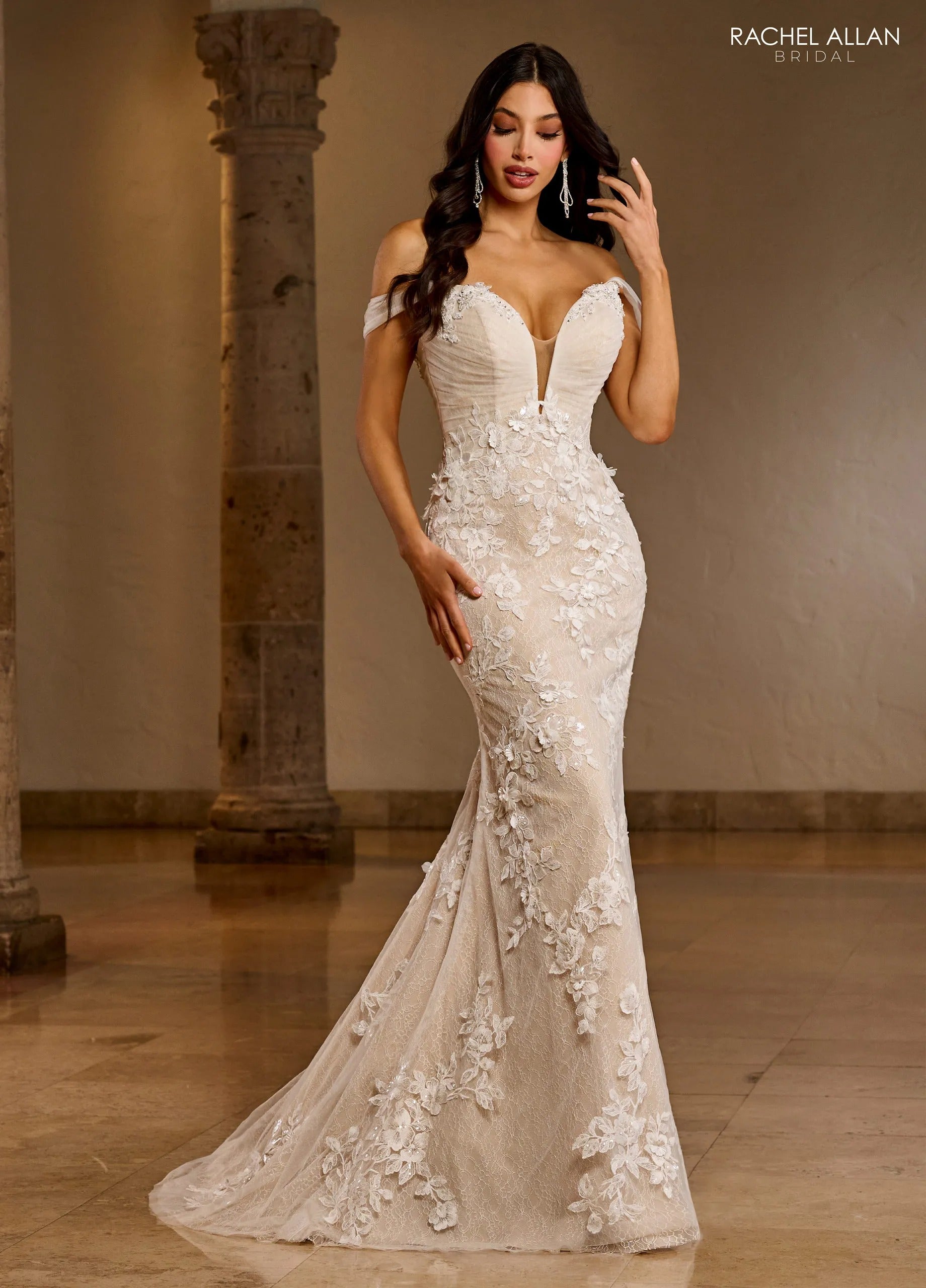Ivory Champagne Sweetheart Floor-Length Lace Tulle Wedding Mermaid Gown with Detachable Overskirt Rachel Allan RB5039