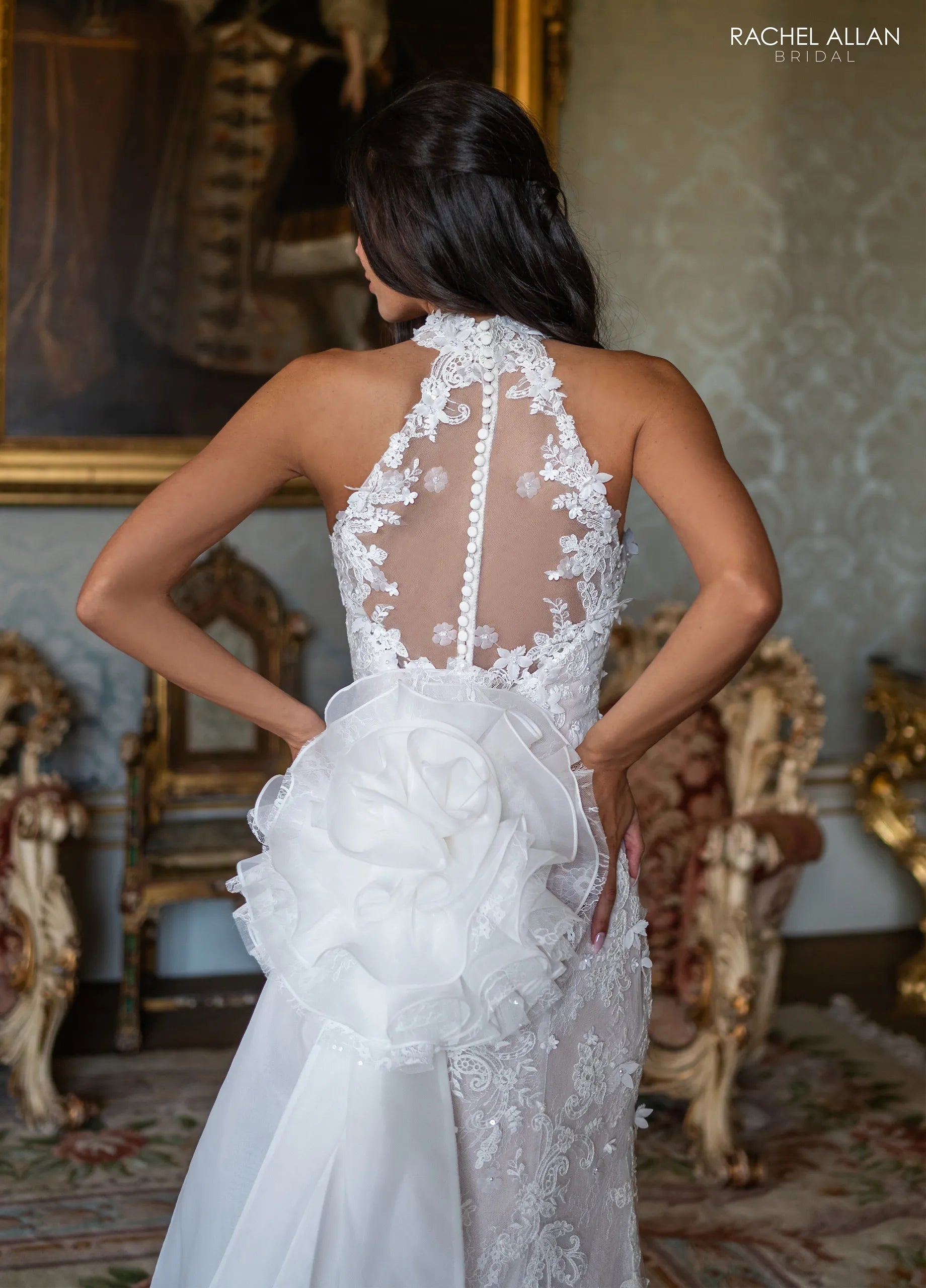 Ivory Nude Strapless Floor-Length Lace Wedding Dress with Overskirt Train Rachel Allan RB5125