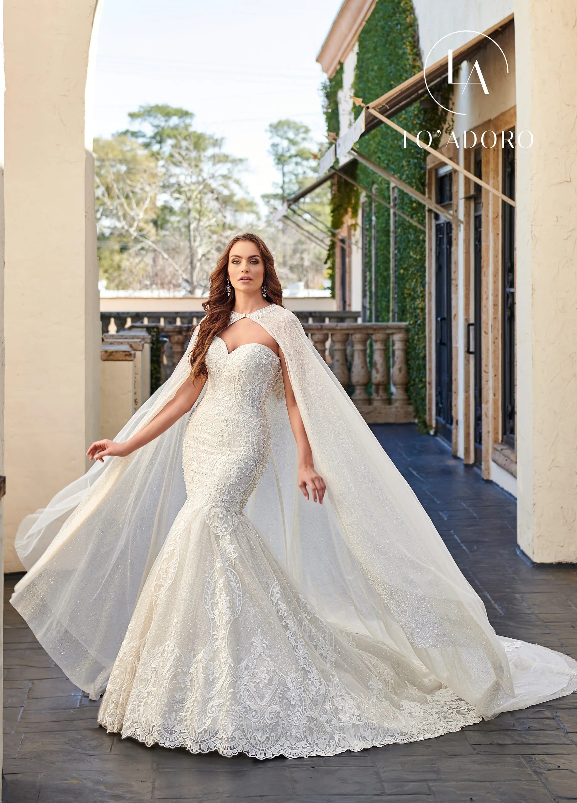 Ivory Sweetheart Floor-Length Lace Bridal Mermaid Gown with Cape Rachel Allan M781