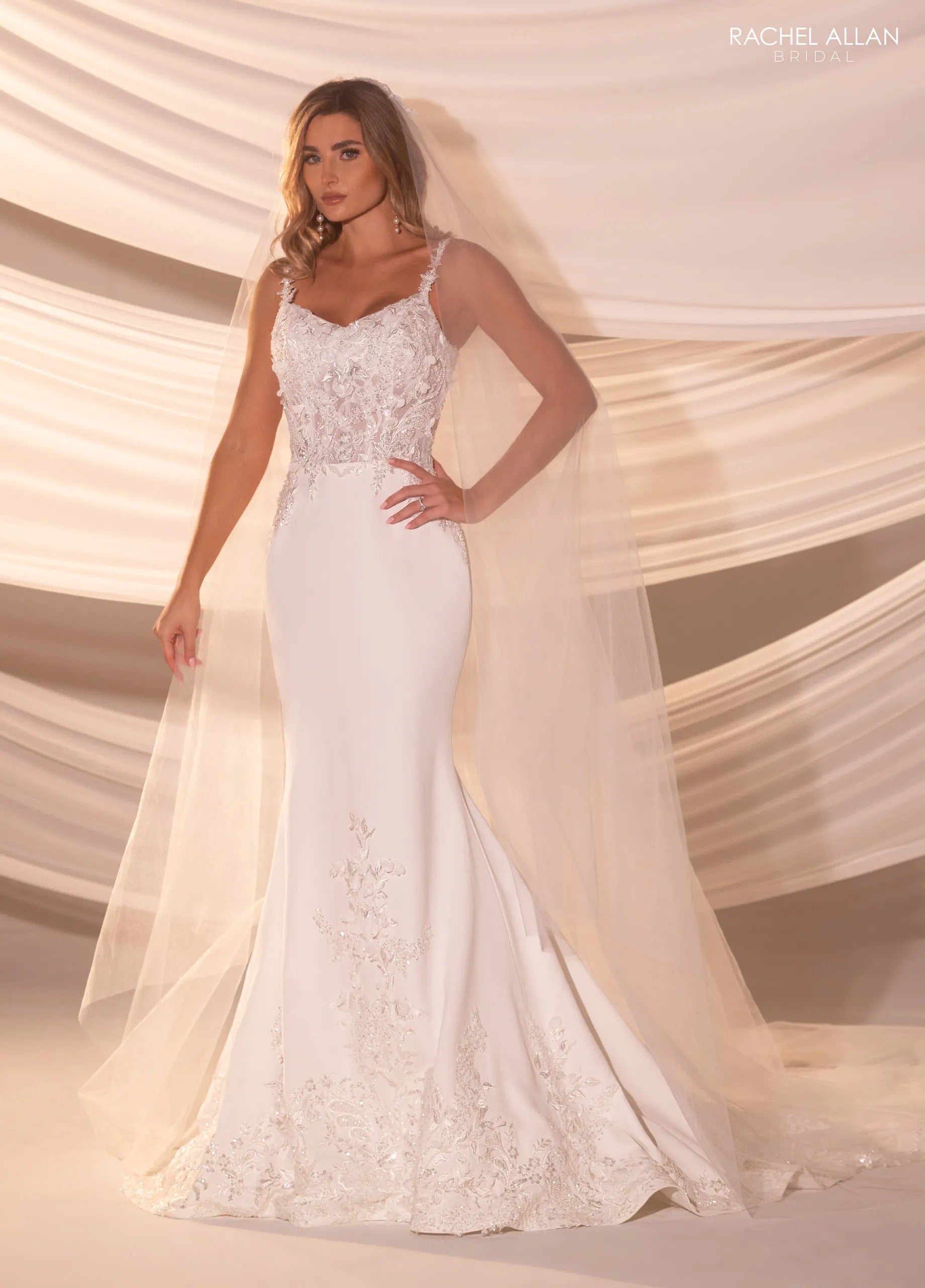 Ivory V-Neck Floor-Length Crepe Wedding Mermaid Gown with Lace Appliqué Rachel Allan RB5102