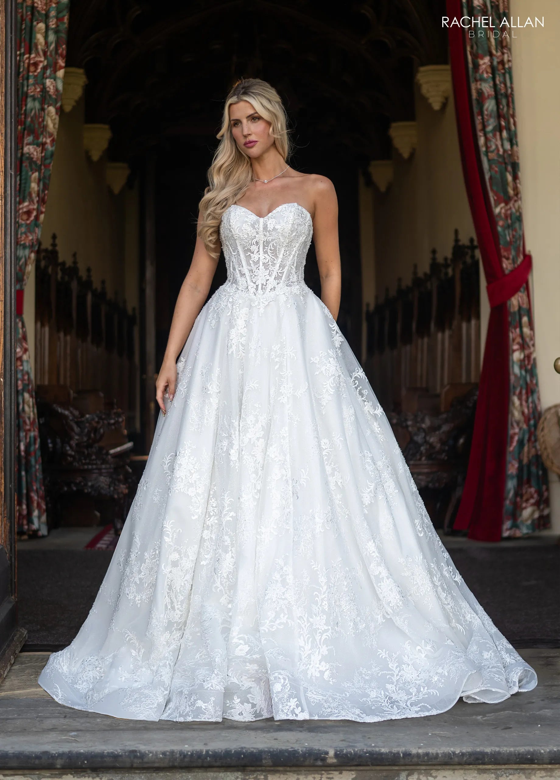 Ivory Illusion Long Sleeve Floor-Length Lace Wedding Dress with Corset Bodice Rachel Allan RB5132