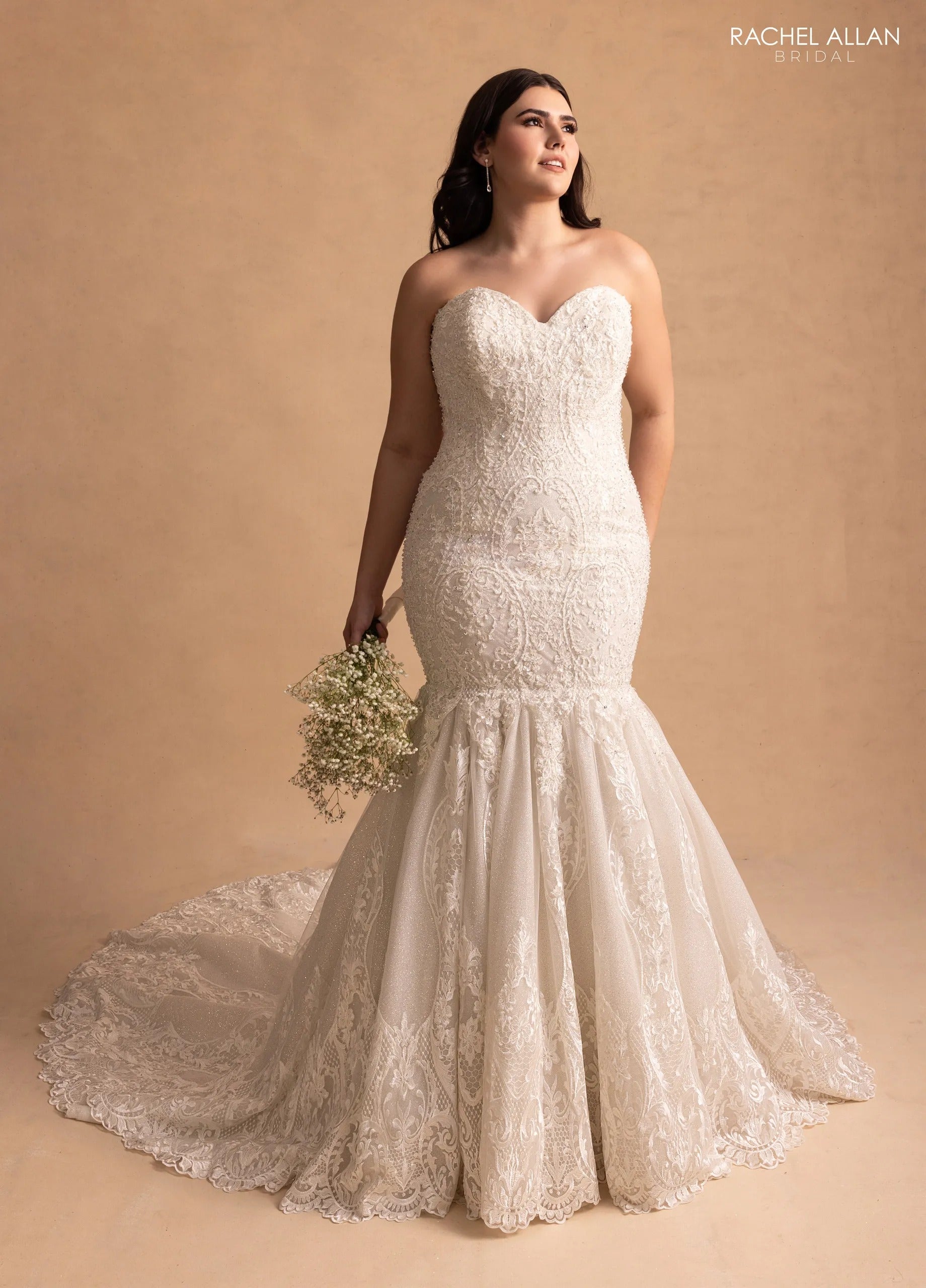 Ivory Sweetheart Floor-Length Lace Bridal Mermaid Gown with Cape Rachel Allan M781