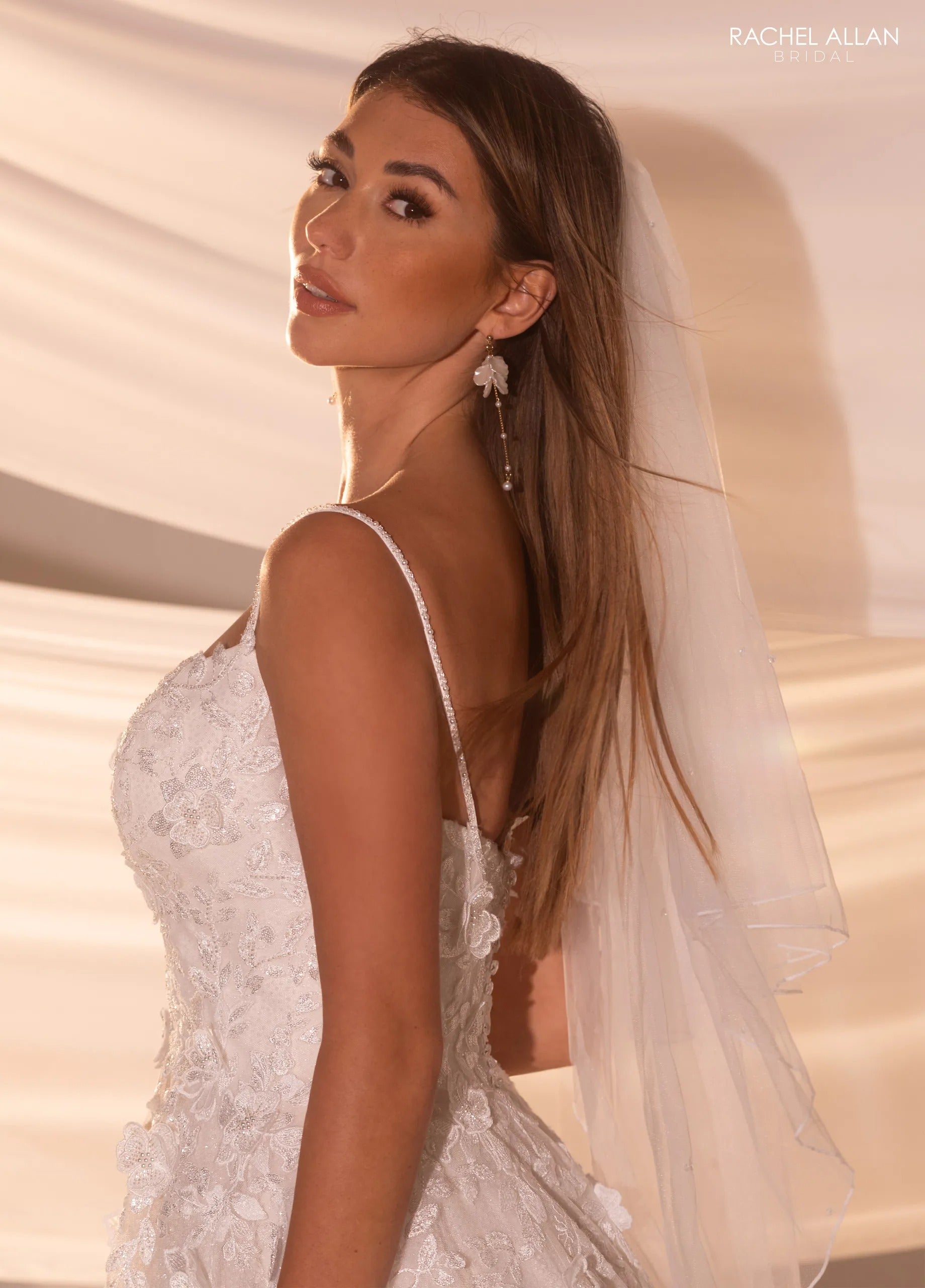Ivory Nude V-Neck Floor-Length Tulle Wedding A-Line Gown with Lace Appliqué Rachel Allan RB5107