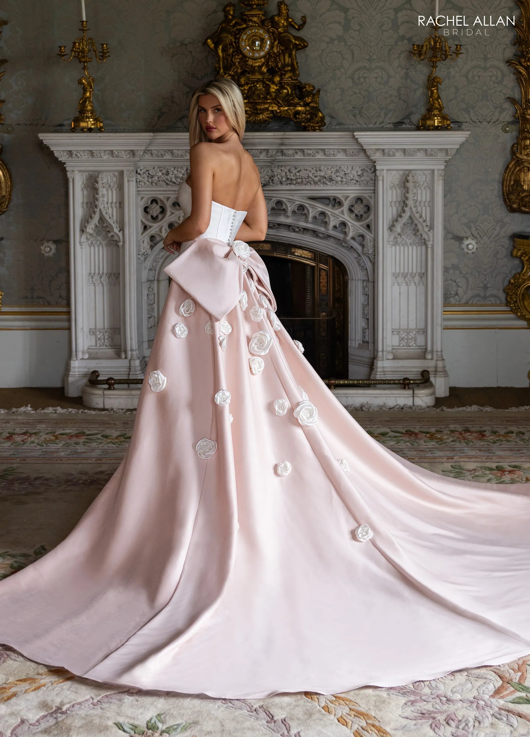 Ivory Pink Champagne Sweetheart Strapless Floor-Length Satin Wedding Dress with Overskirt Ball Gown Rachel Allan RB5133