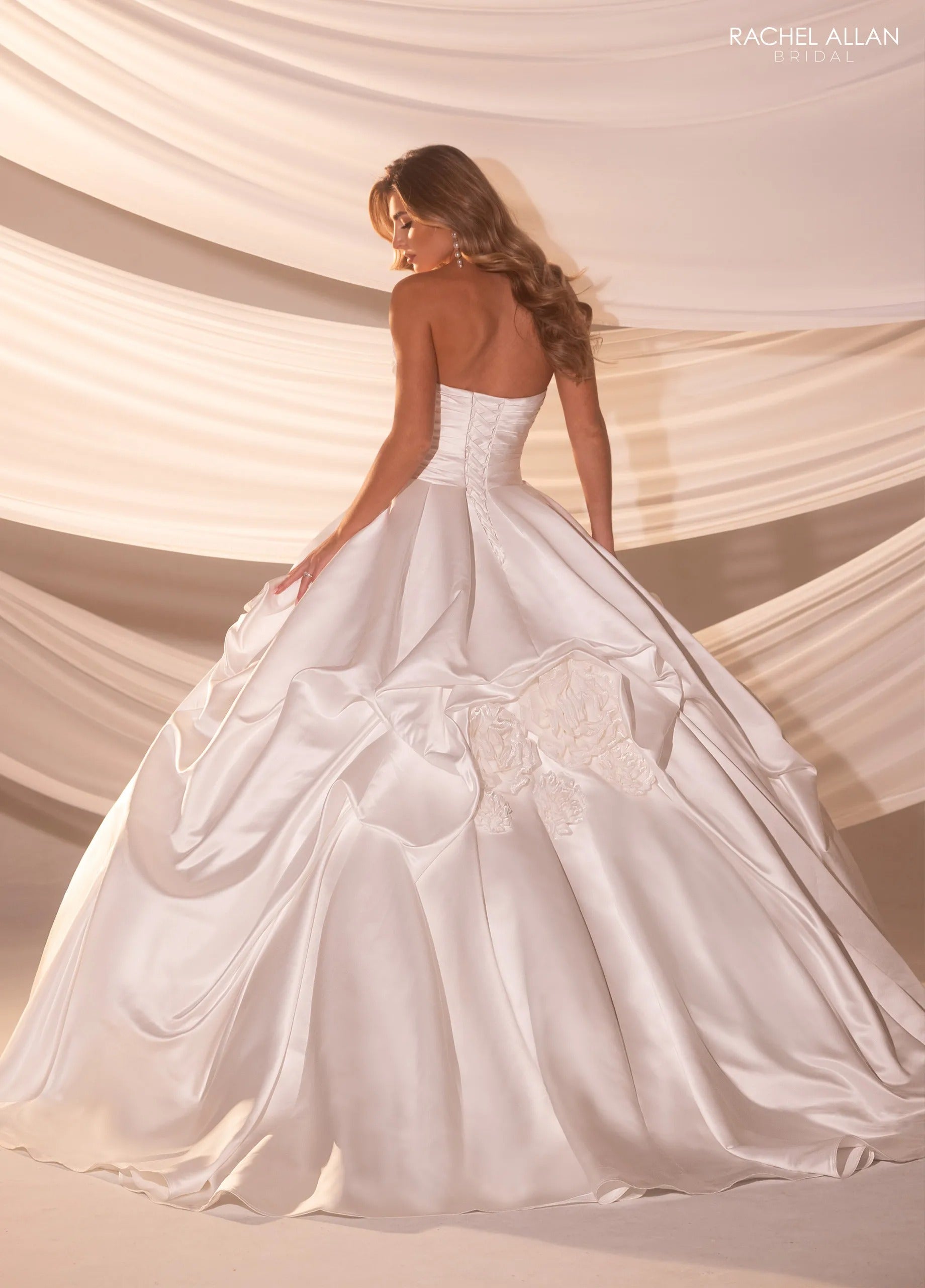 Ivory Nude Sweetheart Floor-Length Satin Wedding Ball Gown with Draped Skirt Rachel Allan RB5100