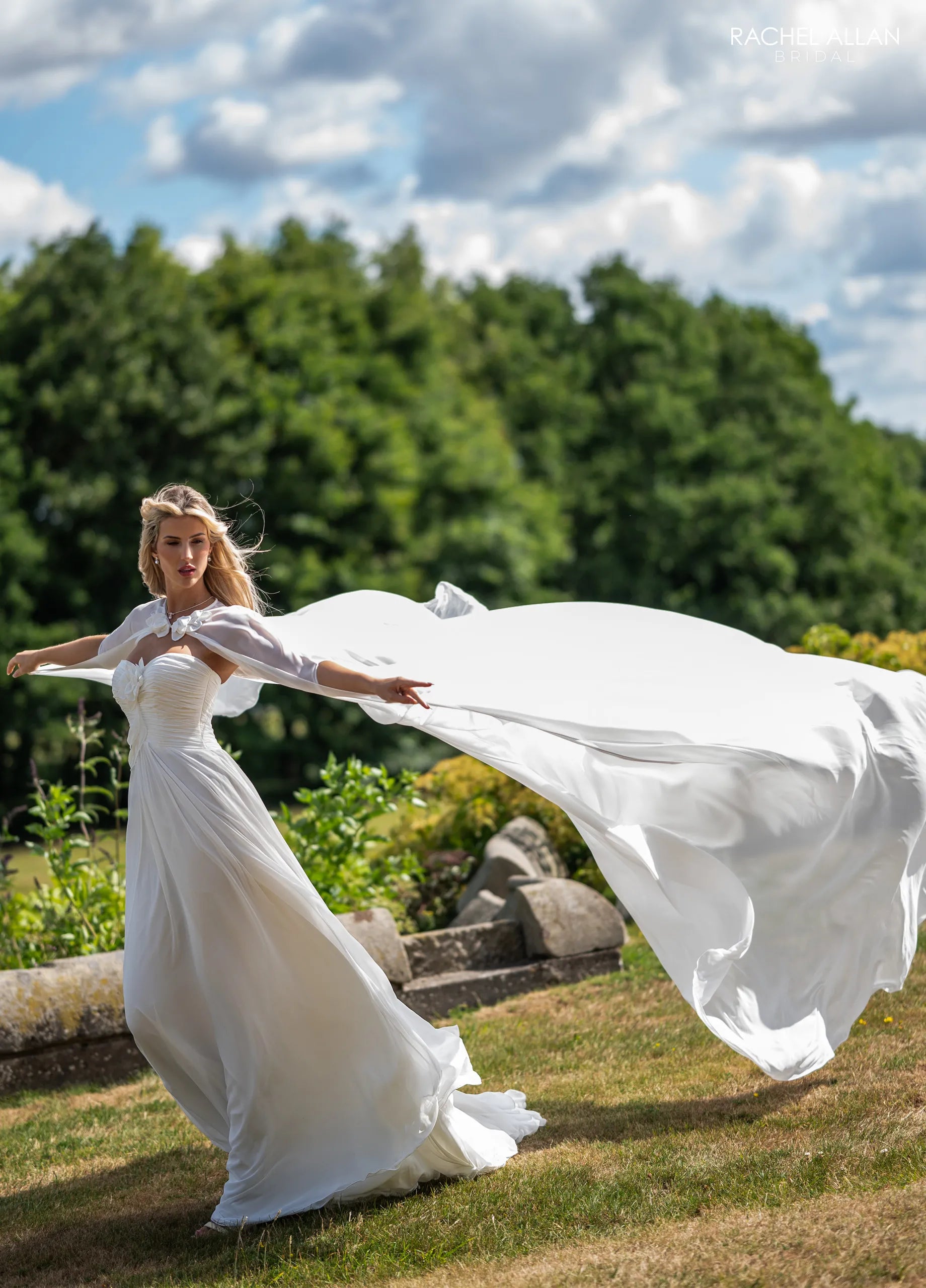 Sweetheart Floor-Length Chiffon Wedding Dress with Cape Train Rachel Allan  RB5124 – The Dress Outlet