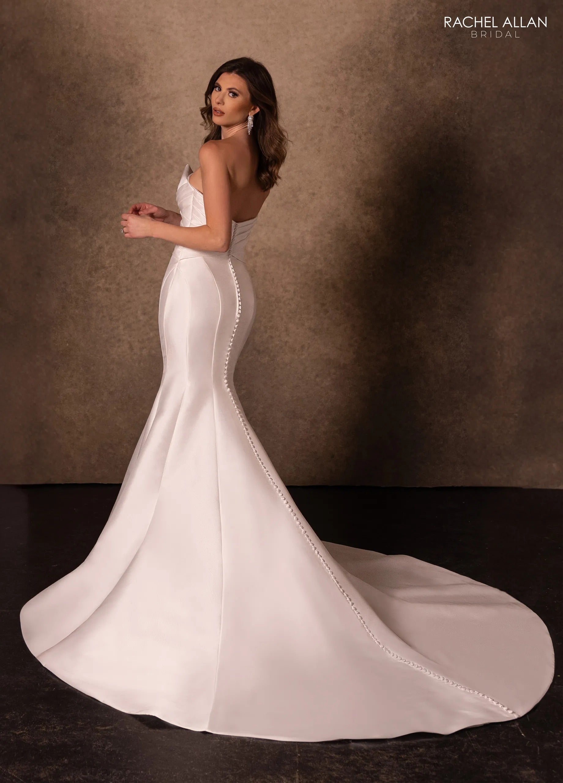 Ivory Light Rum Pink V-Neck Floor-Length Crepe Wedding Mermaid Gown with Draped Bodice Rachel Allan RB5106