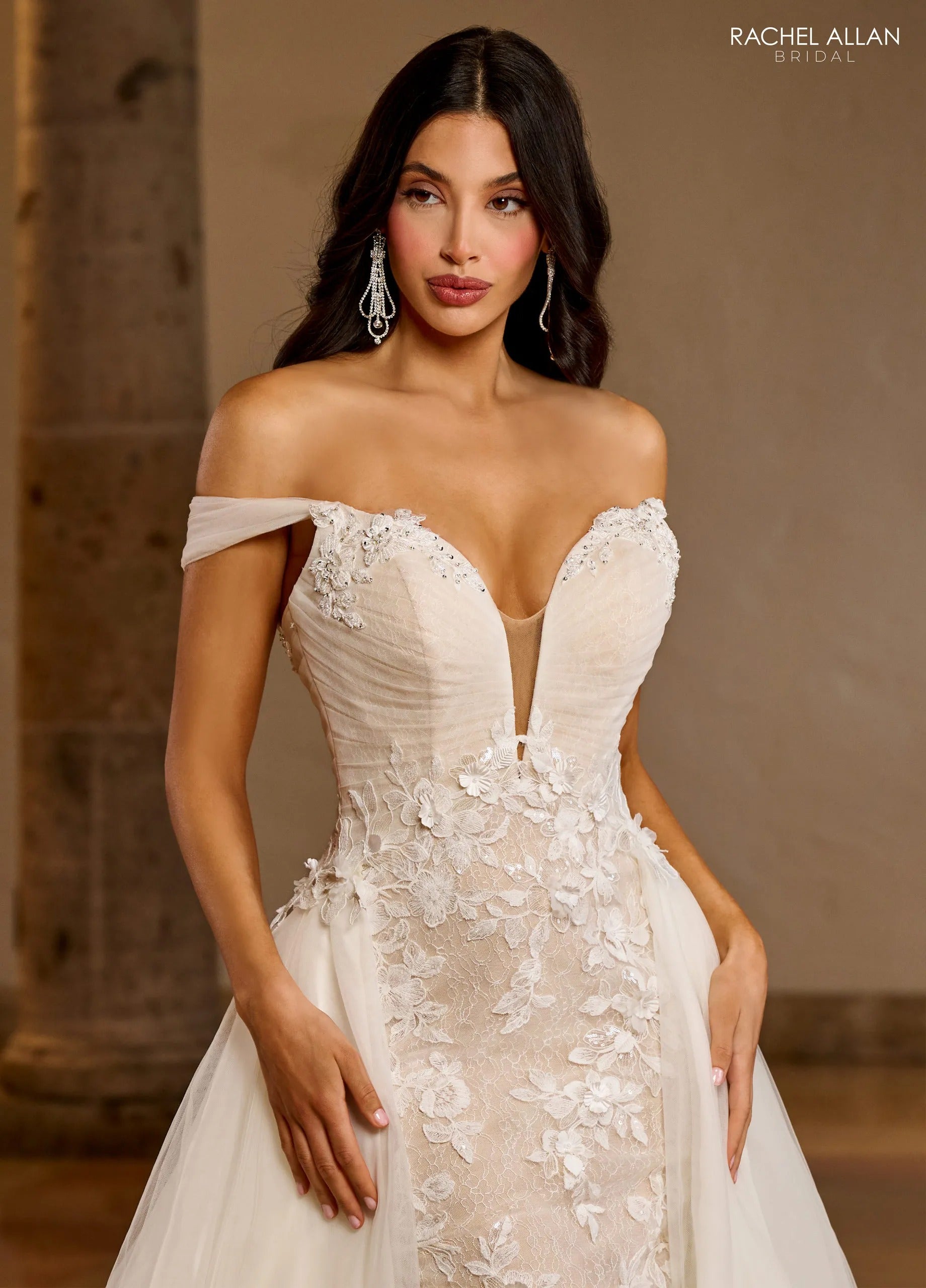 Ivory Champagne Sweetheart Floor-Length Lace Tulle Wedding Mermaid Gown with Detachable Overskirt Rachel Allan RB5039