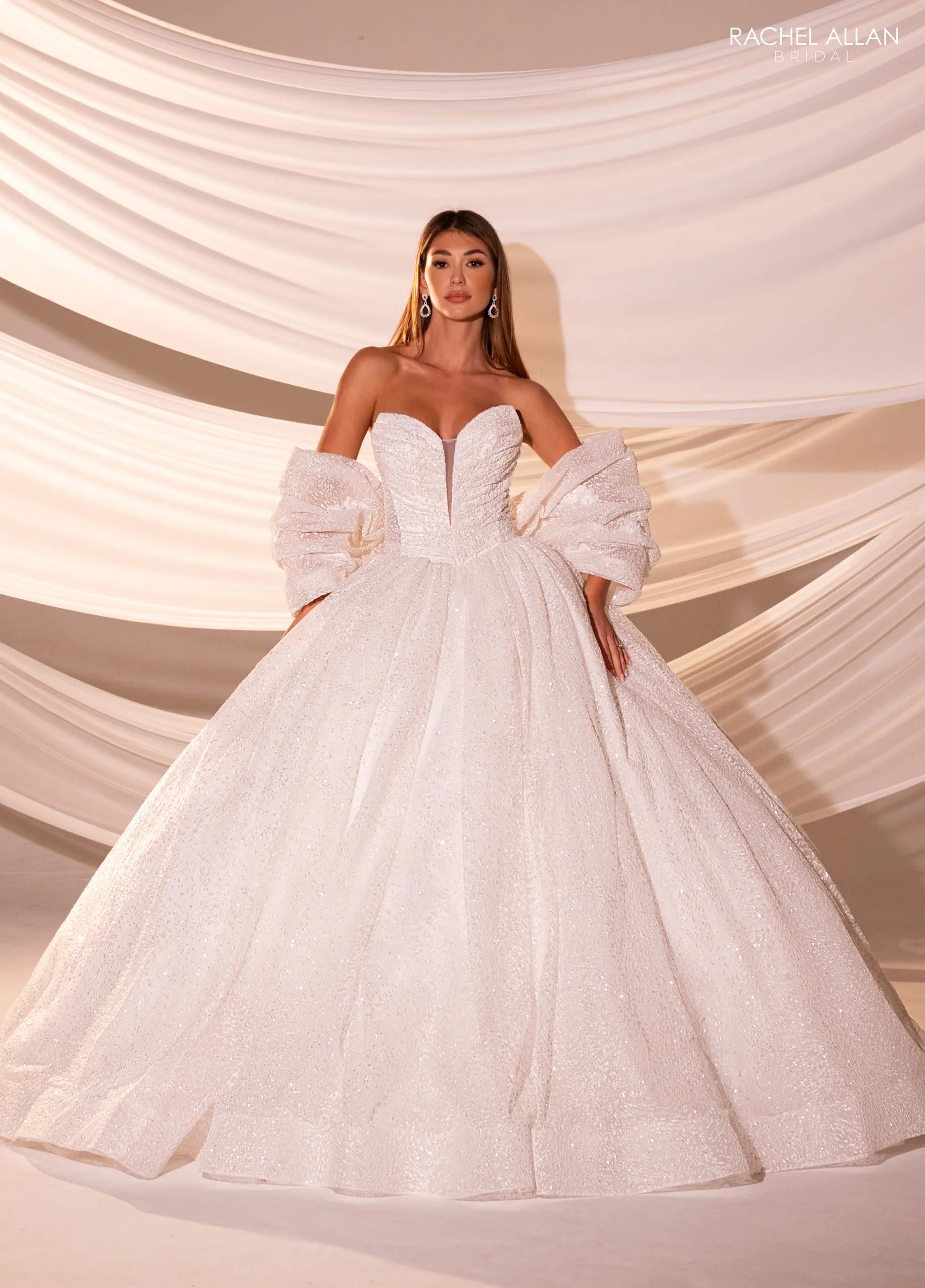 Ivory Nude Sweetheart Floor-Length Tulle Wedding Ball Gown with Detachable Puff Sleeves Rachel Allan RB5110