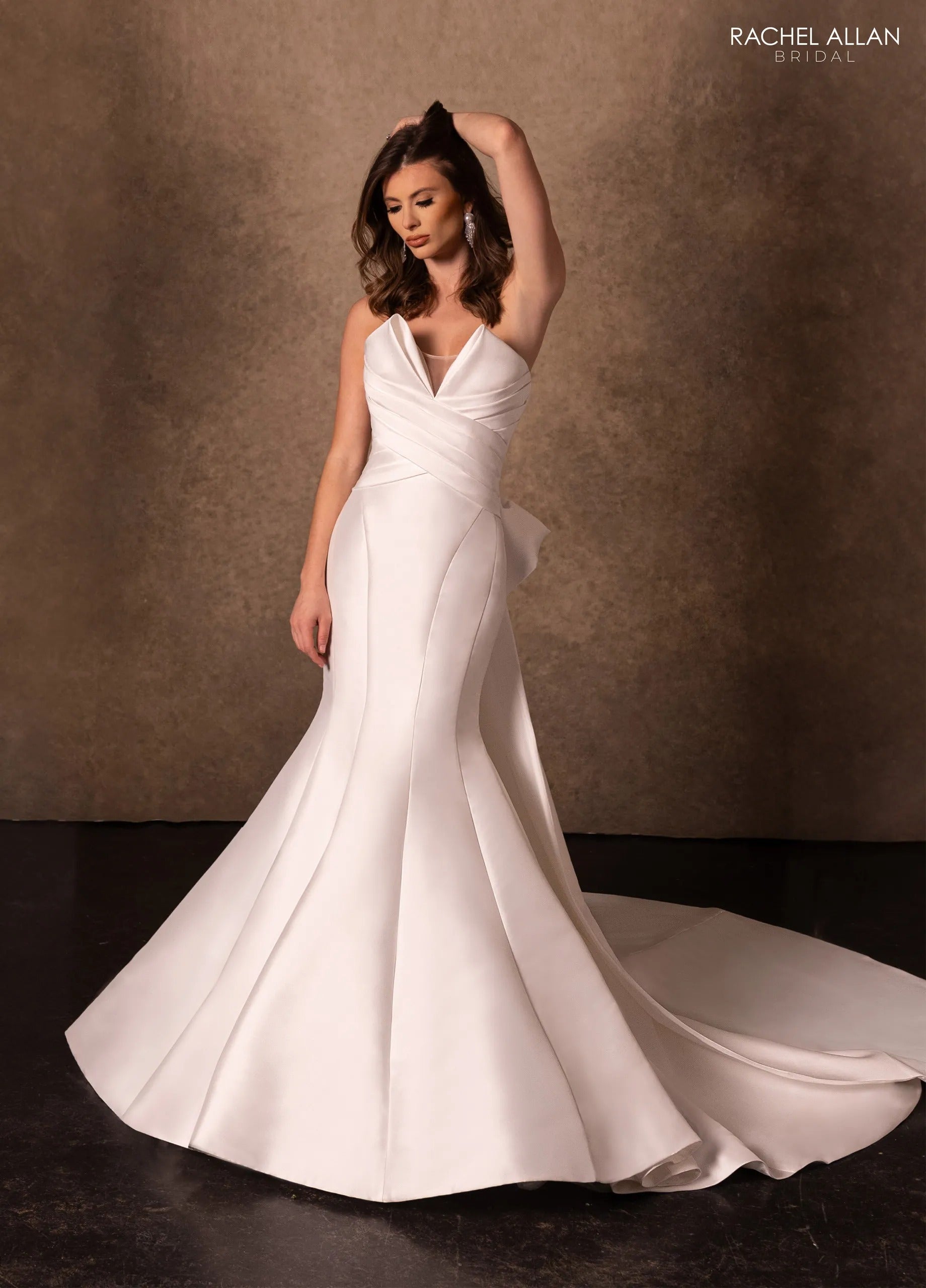 Ivory Light Rum Pink V-Neck Floor-Length Crepe Wedding Mermaid Gown with Draped Bodice Rachel Allan RB5106
