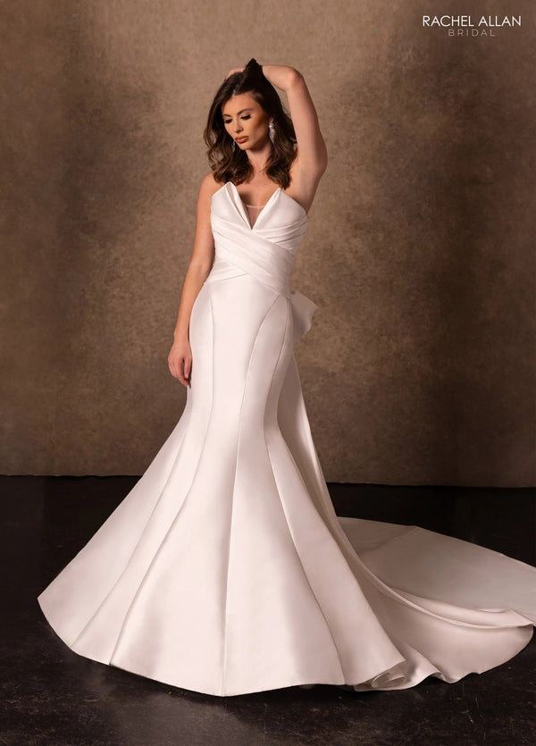 V-Neck Floor-Length Crepe Wedding Mermaid Gown with Draped Bodice Rachel Allan RB5106