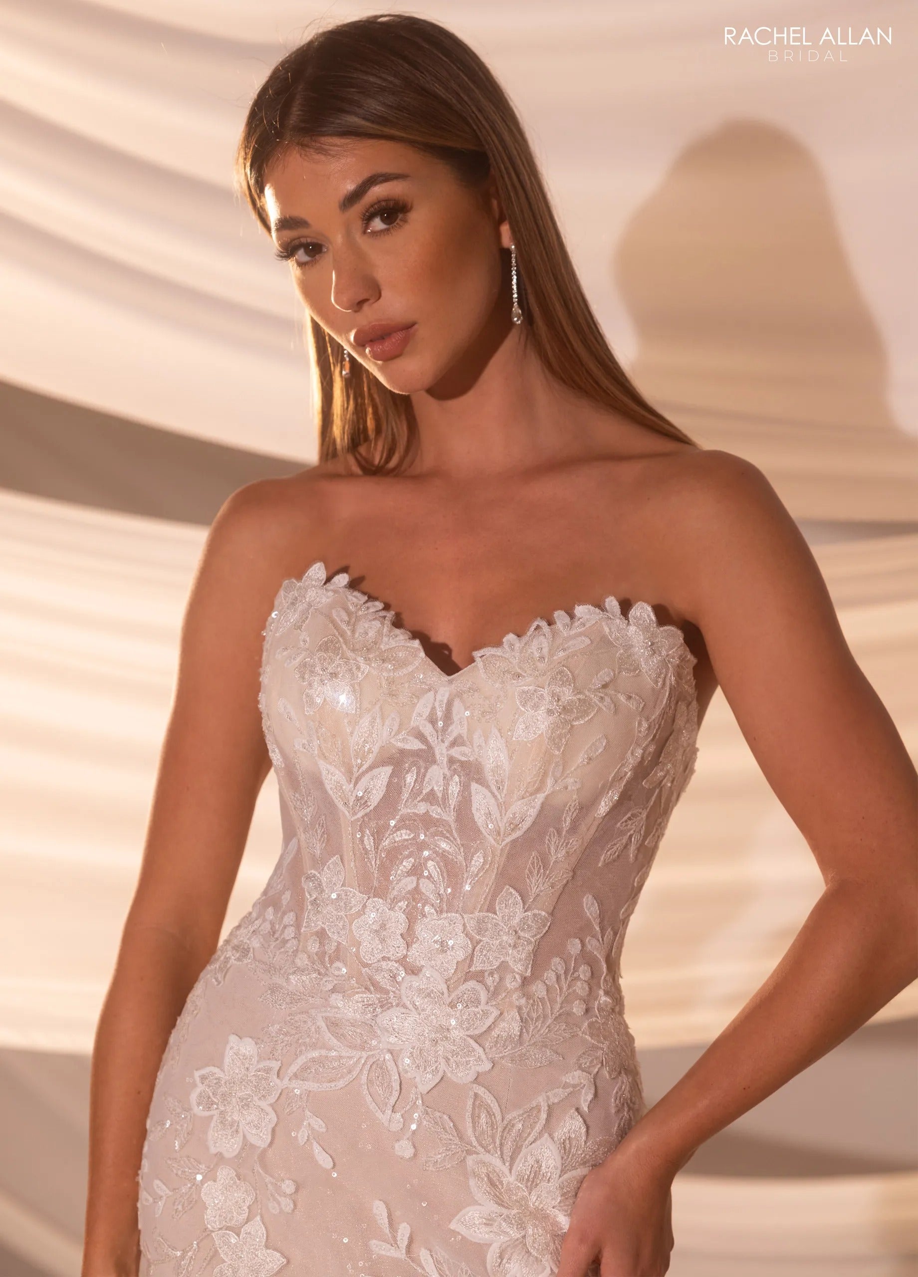 Ivory Nude Sweetheart Floor-Length Lace Tulle Wedding Mermaid Gown with Off-the-Shoulder Sleeves Rachel Allan RB5101